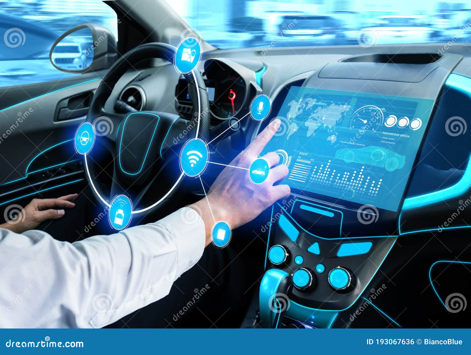 driverless car interior with futuristic dashboard for autonomous control system