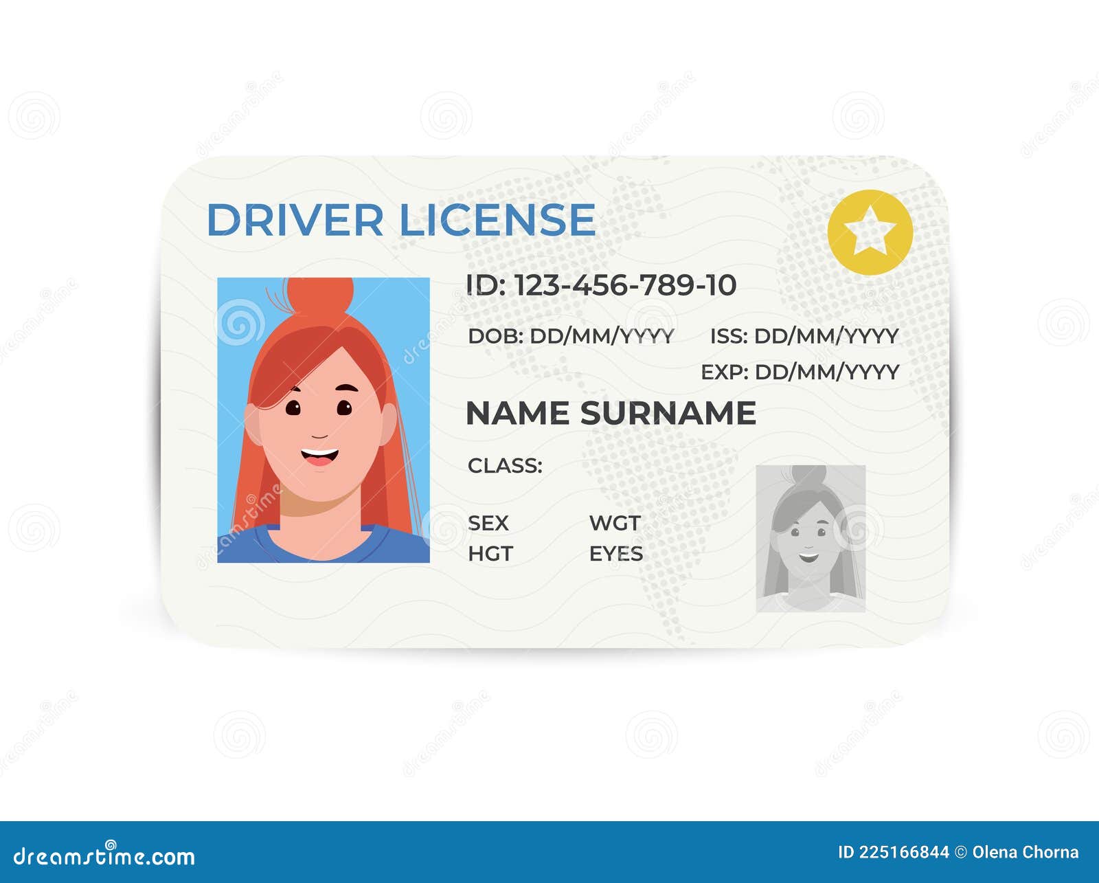 drivers license. a plastic identity card.  flat  of the template.