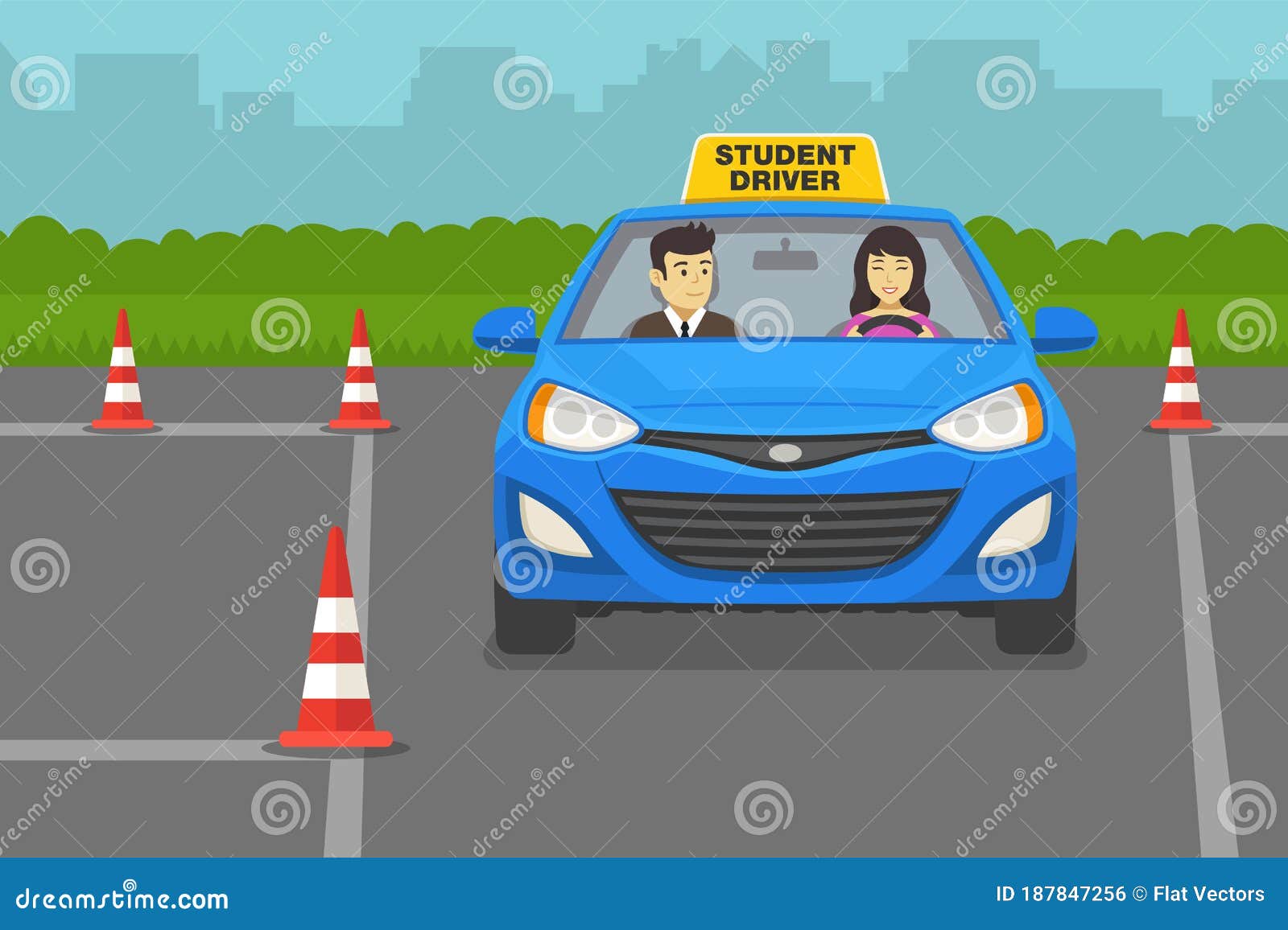 driving lesson. instructor sitting in a car next to a female student driver.