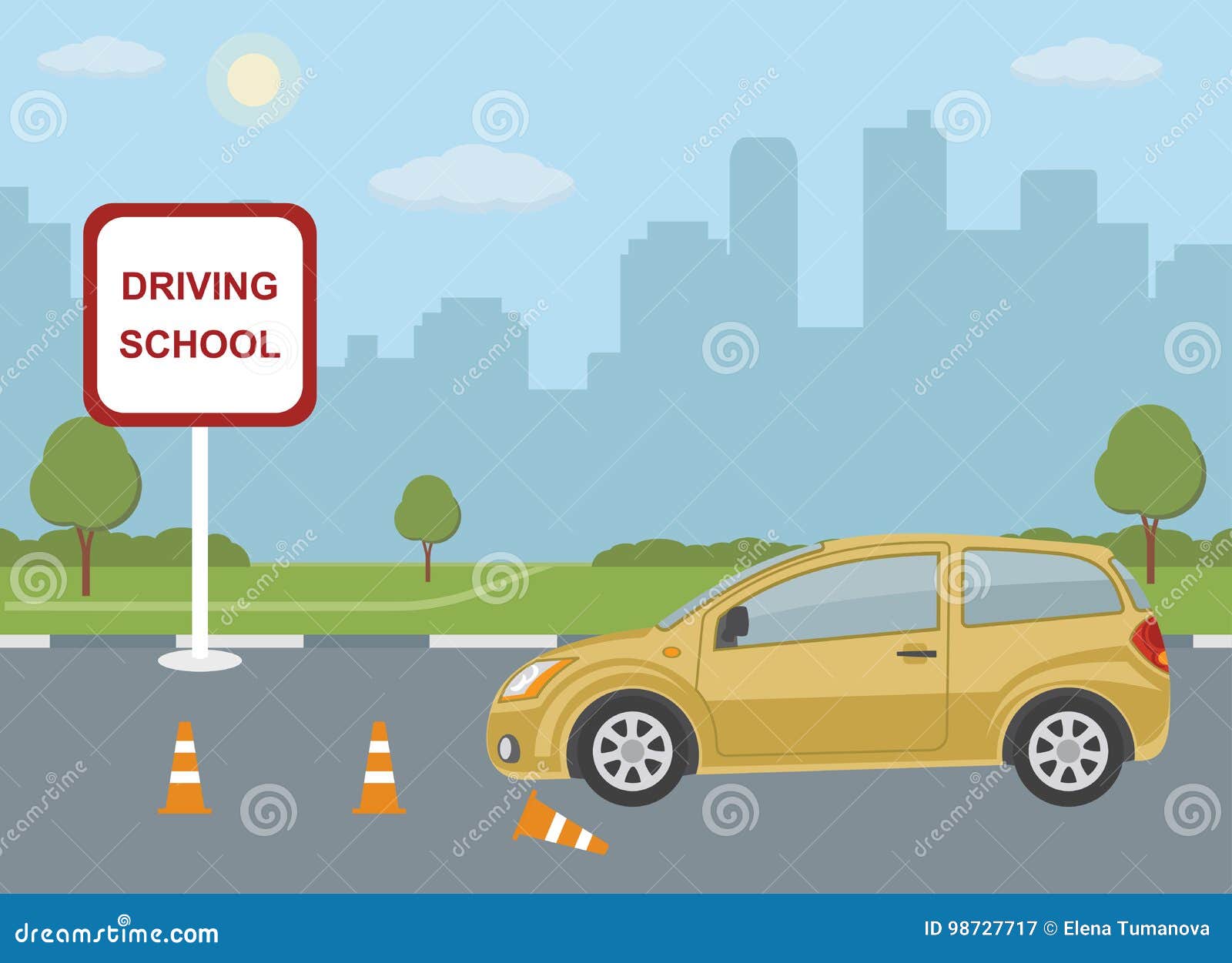 Driving School Concept with Car on City Background. Stock Vector - Illustration of cone, driver: 98727717 Driving School Concept with Car on City Background. Stock Vector - Illustration of cone, driver: 98727717