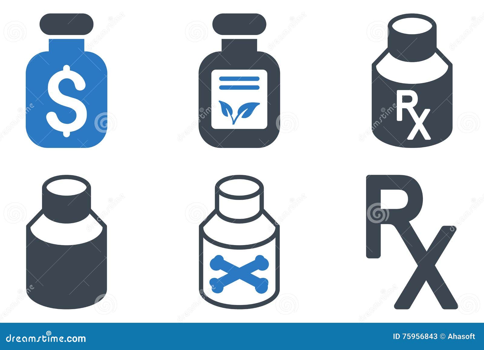 Droghe Vial Flat Glyph Icons. Icone di glifo della fiala delle droghe Lo stile dell'icona è simboli piani blu regolari bicolori con gli angoli arrotondati su un fondo bianco