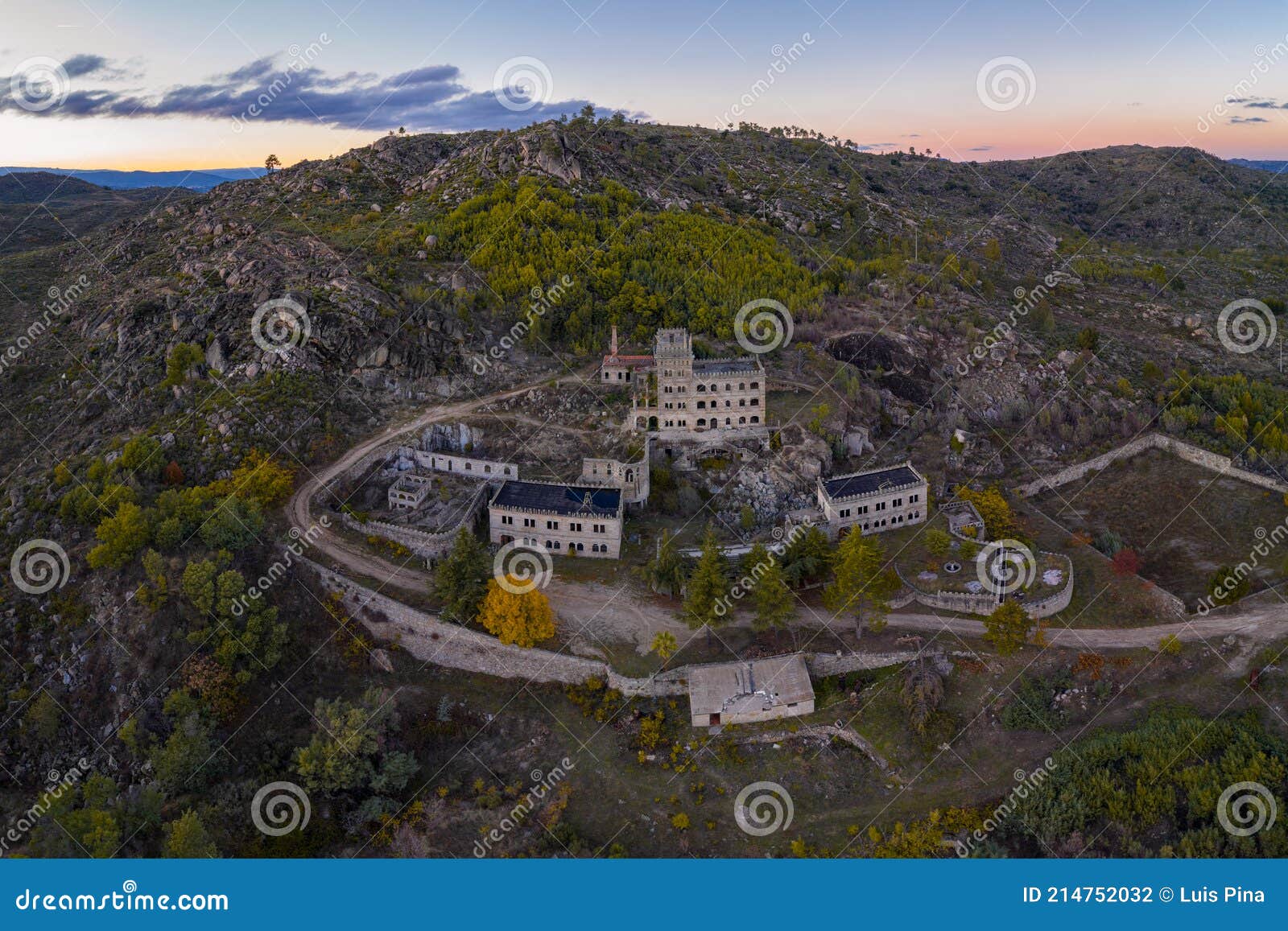 drone aerial panorama of termas radium hotel serra da pena at sunset in sortelha, portugal