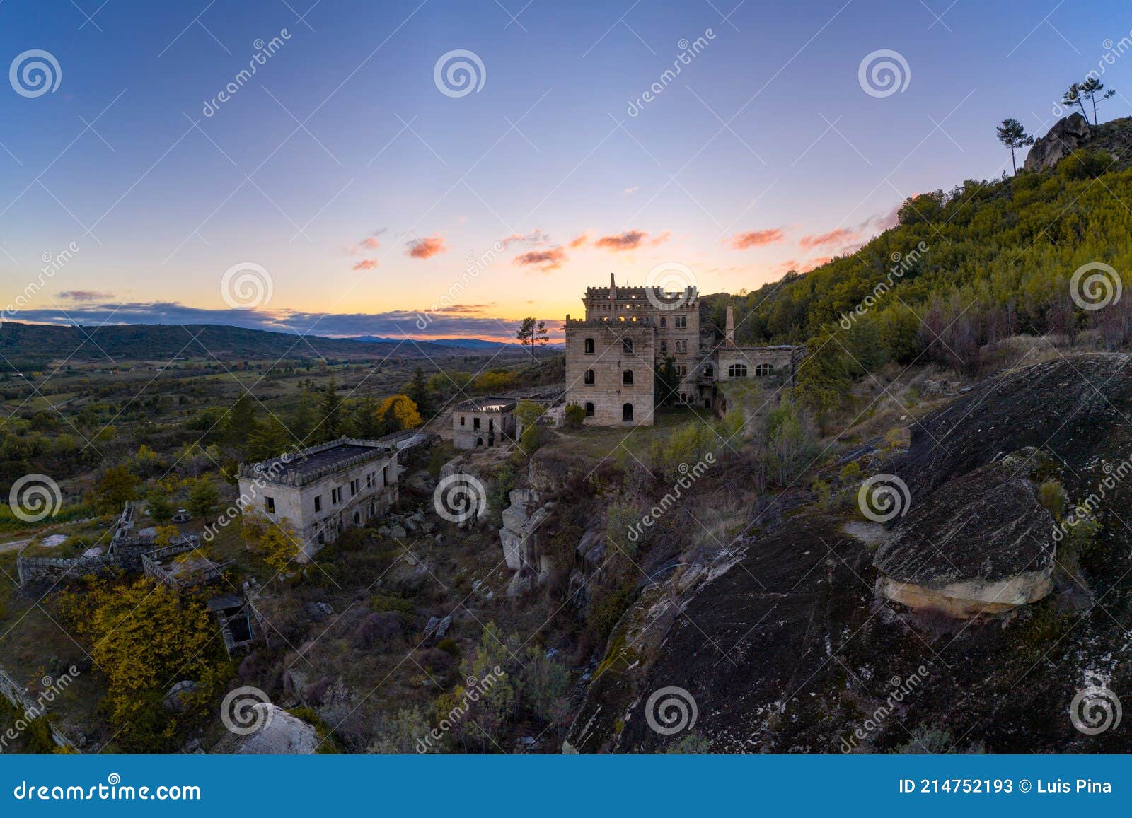 drone aerial panorama of termas radium hotel serra da pena at sunset in sortelha, portugal