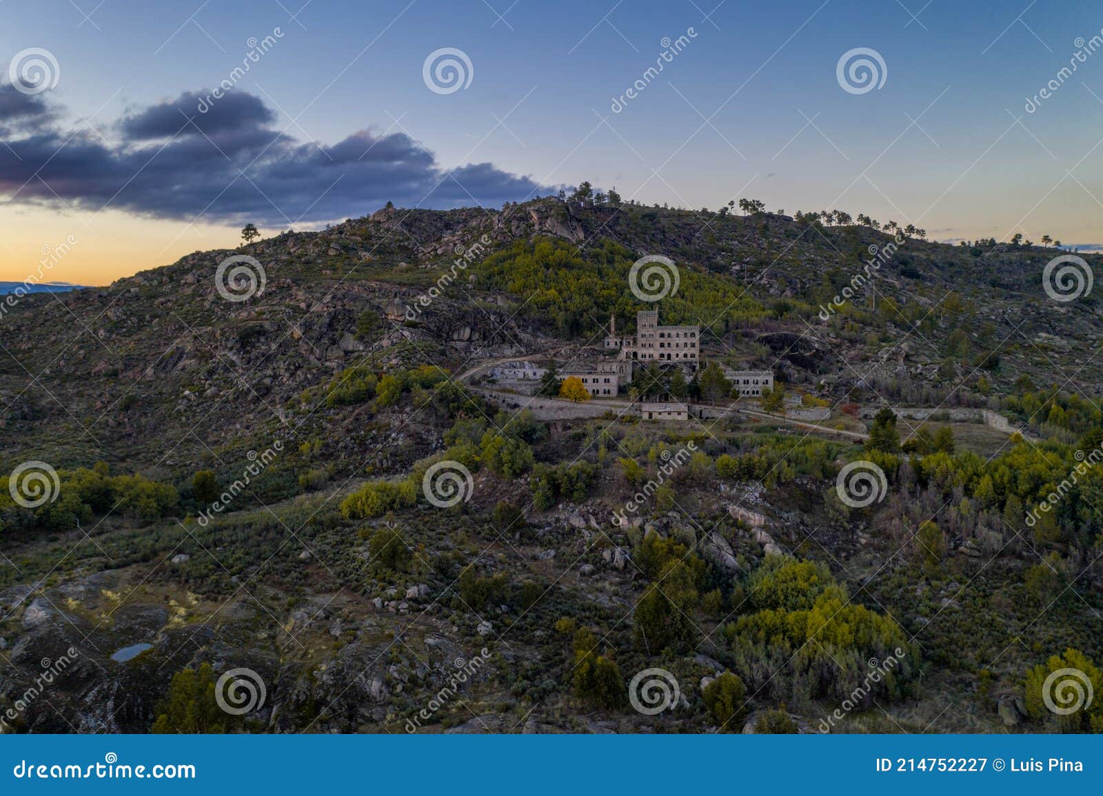 drone aerial panorama of termas radium hotel serra da pena at sunset in sortelha, portugal