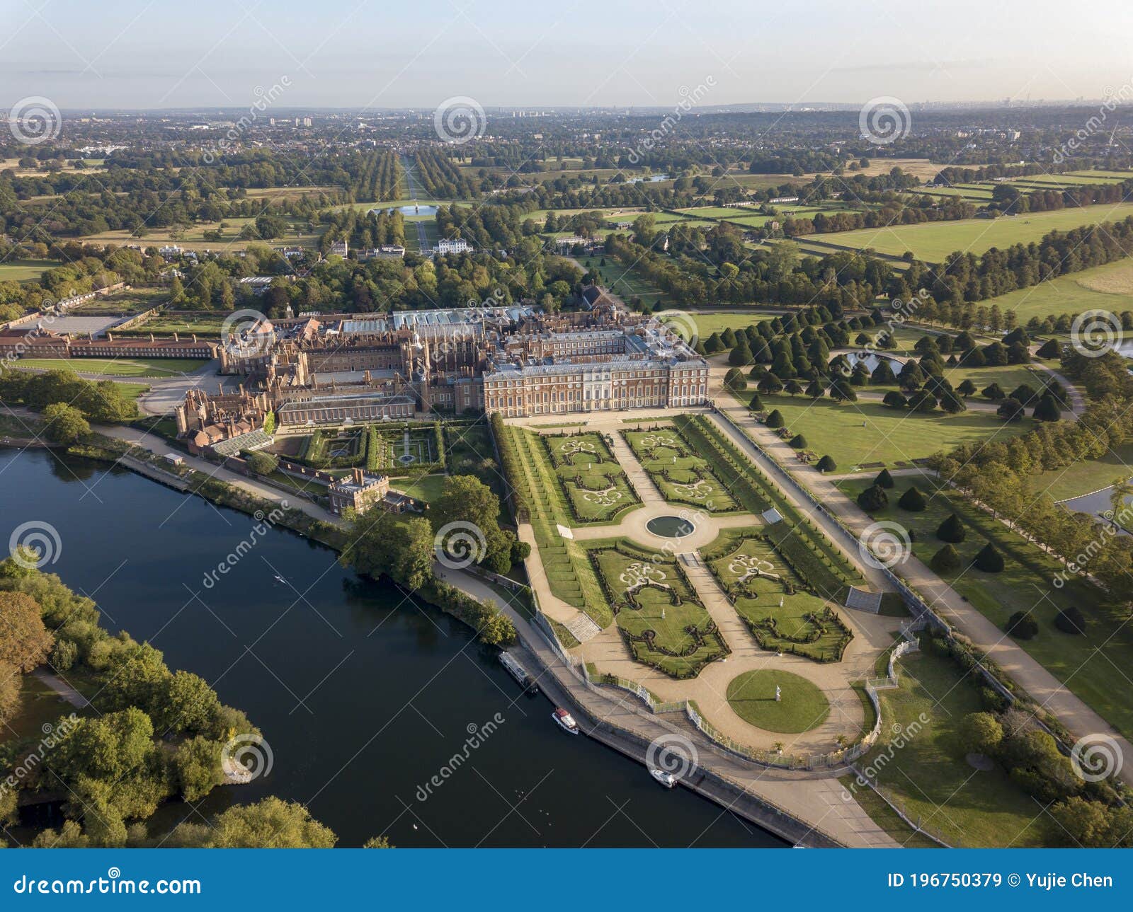 the drone aerial view of  hampton court palace