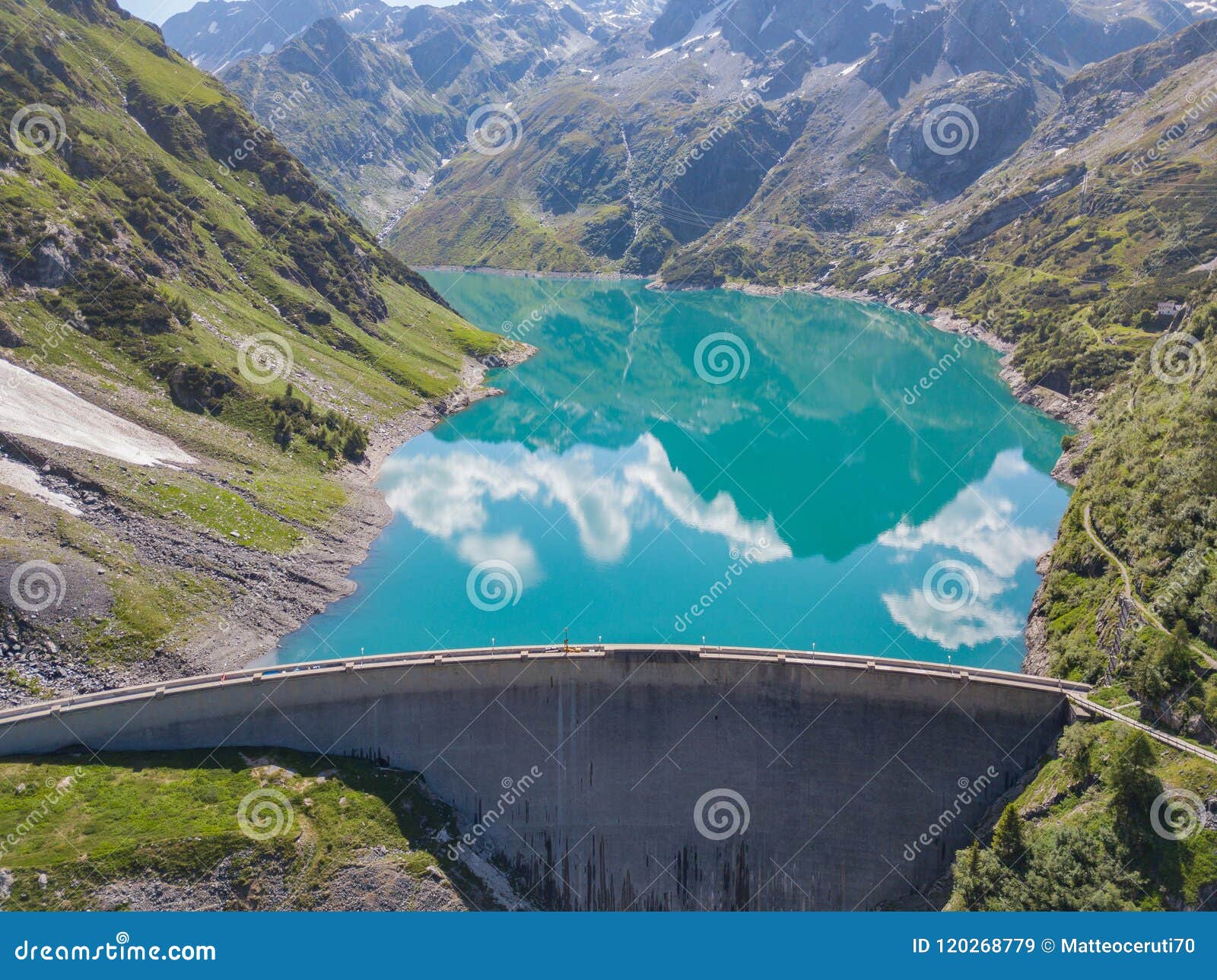 drone aerial view of the lake barbellino an alpine artificial lake and the mountain around it. italian alps. italy