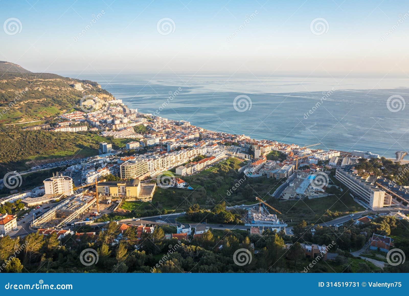 drone aerial view on sesimbra, fishing town in setubal district in portugal