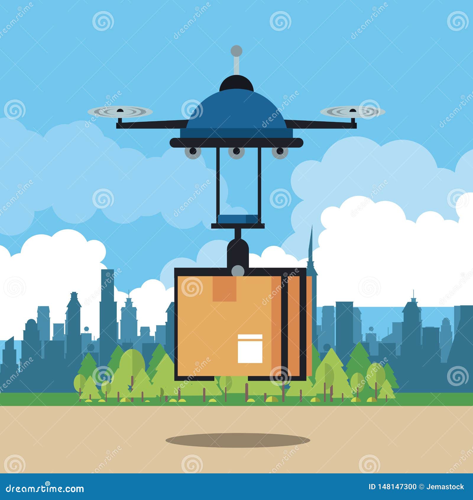Drone Delivering Box at City Stock Vector