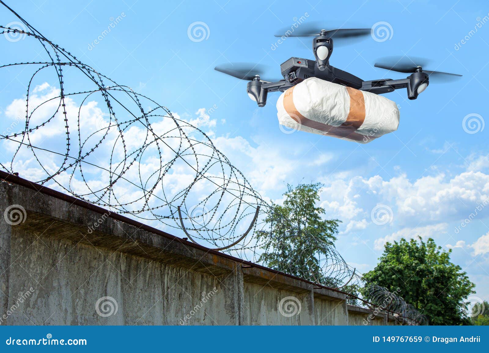the drone flew across the sky with smuggling. the drone transports forbidden goods across the border breaking the law. delivery of