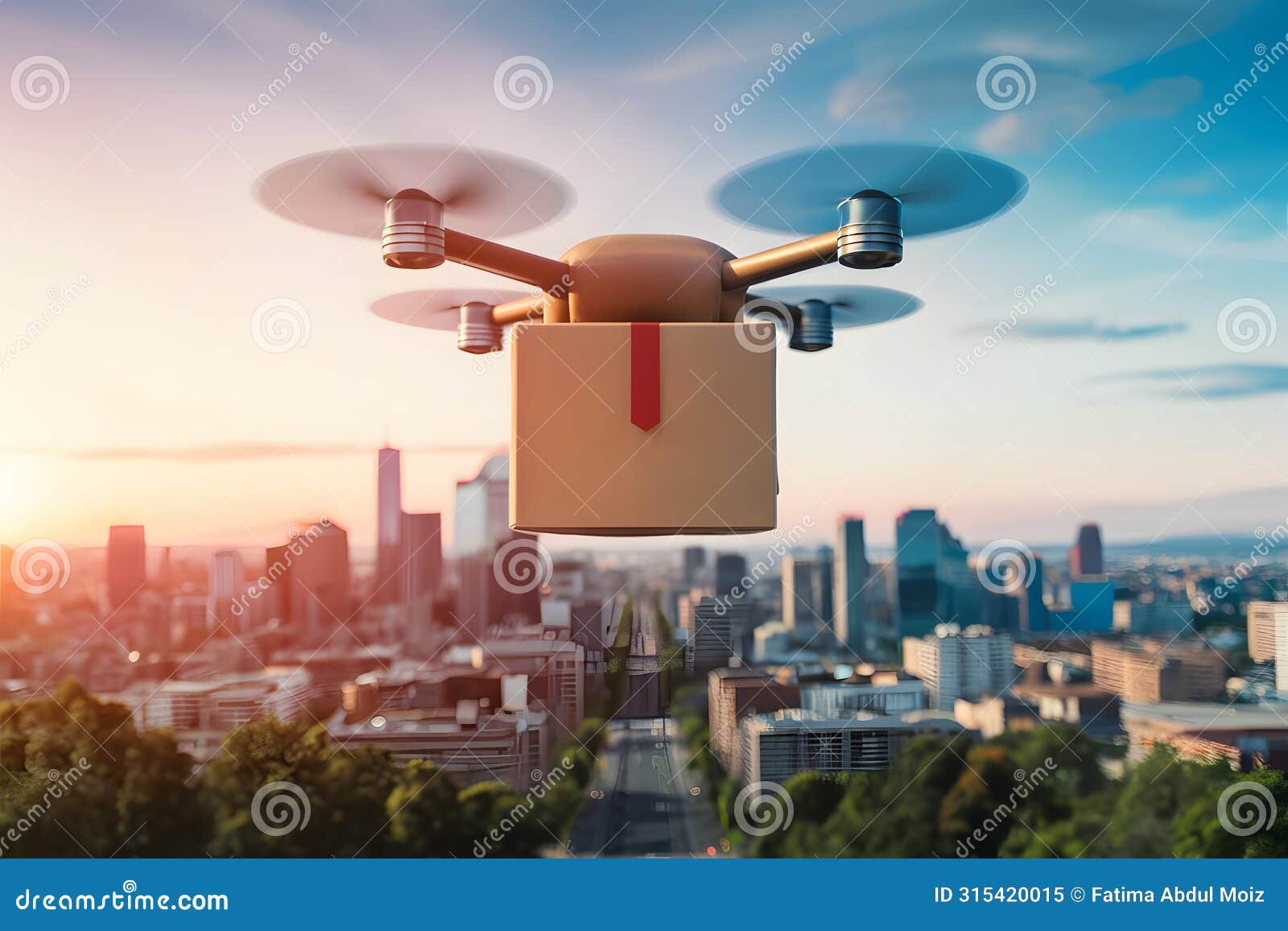 drone flies in city, delivering order in cardboard box