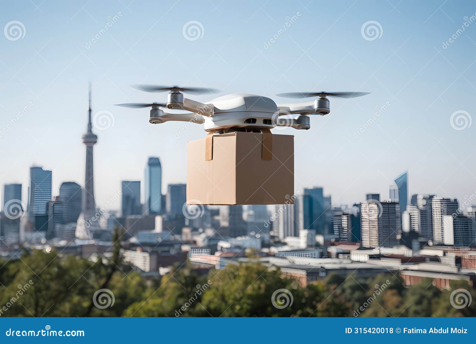 drone flies in city, delivering order in cardboard box