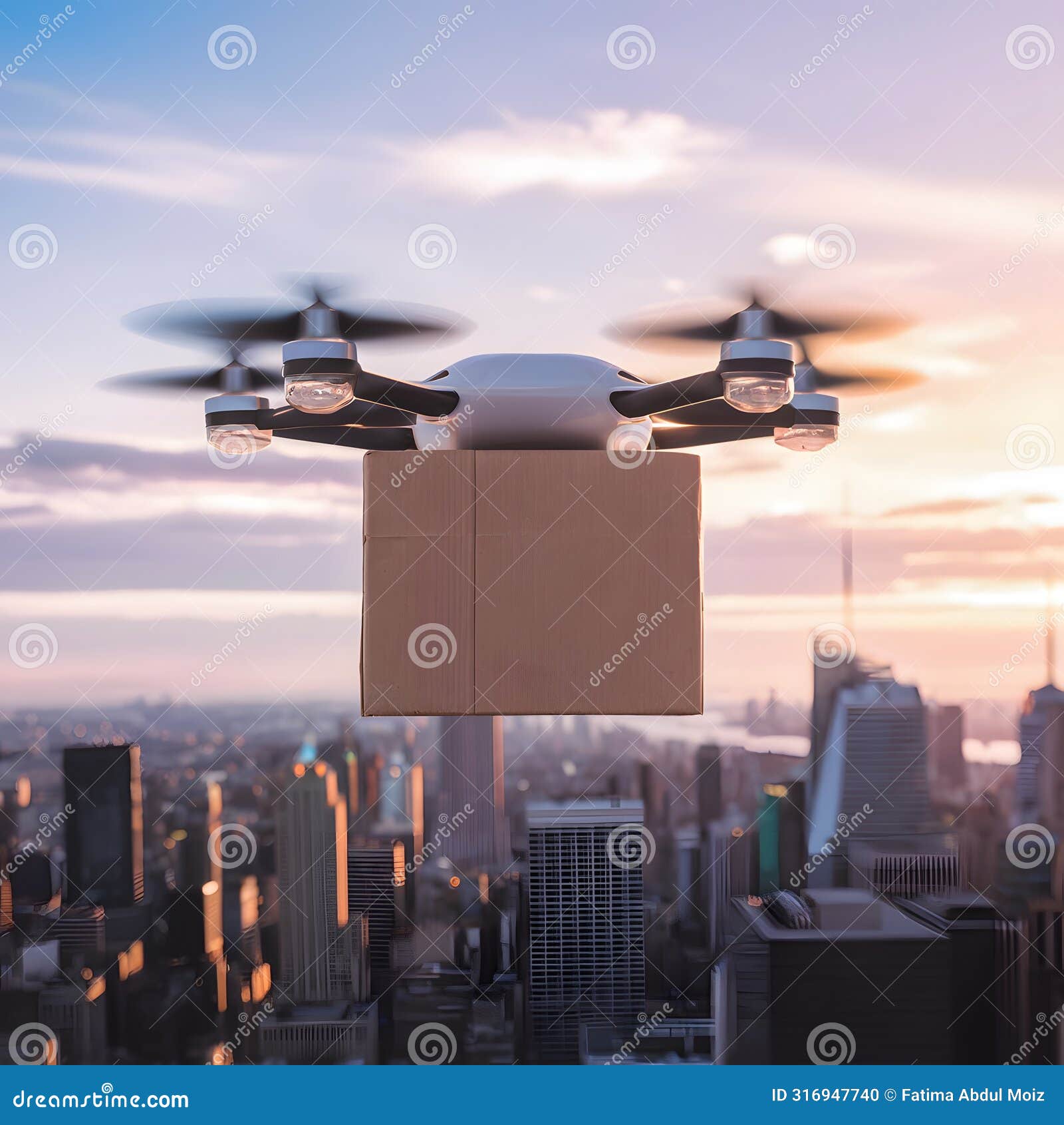 drone flies in city, delivering order in cardboard box