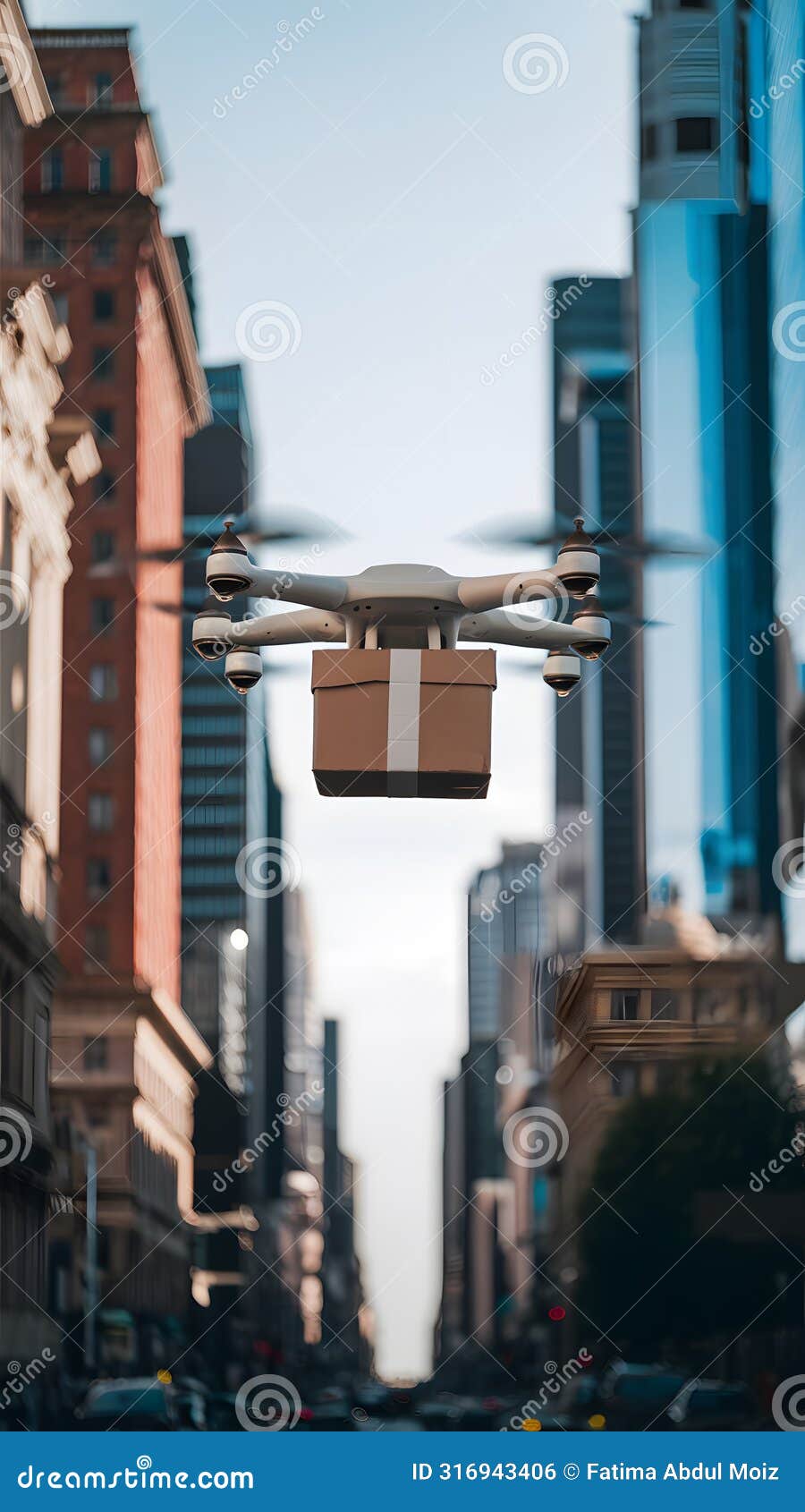 drone flies in city, delivering order in cardboard box