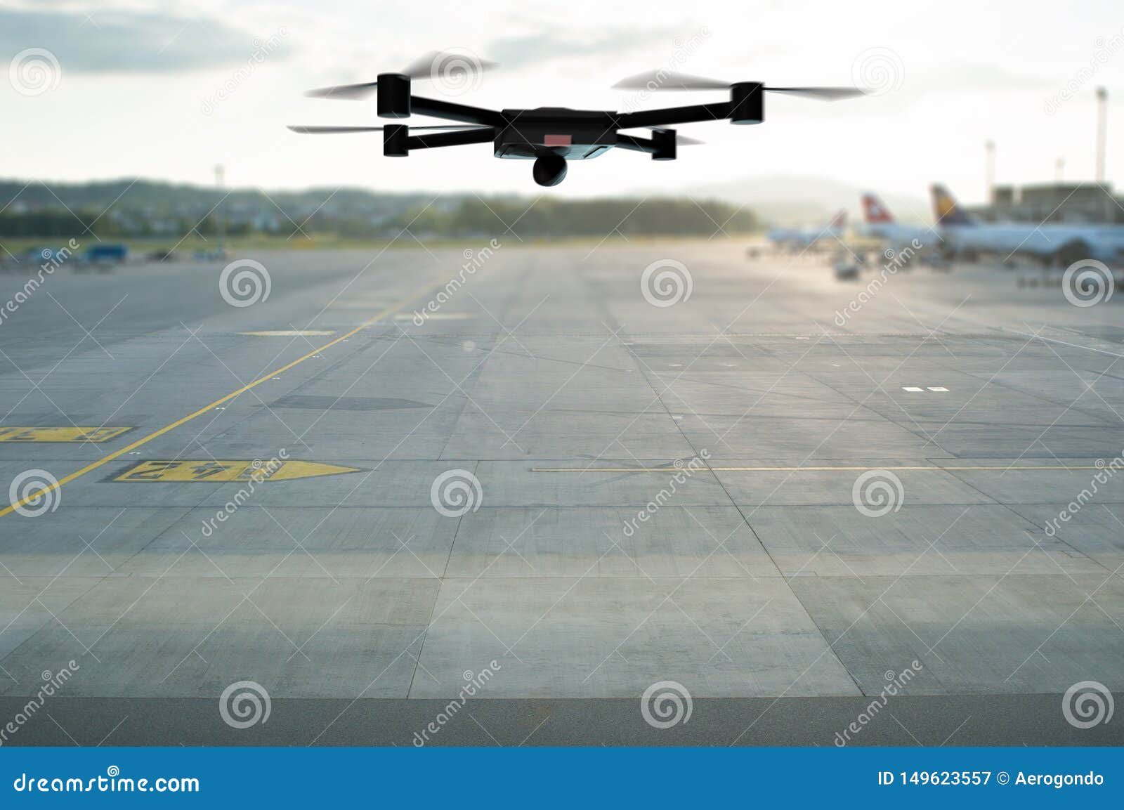 Drone Flying Above the Airport Runway Stock Image Image of aircraft