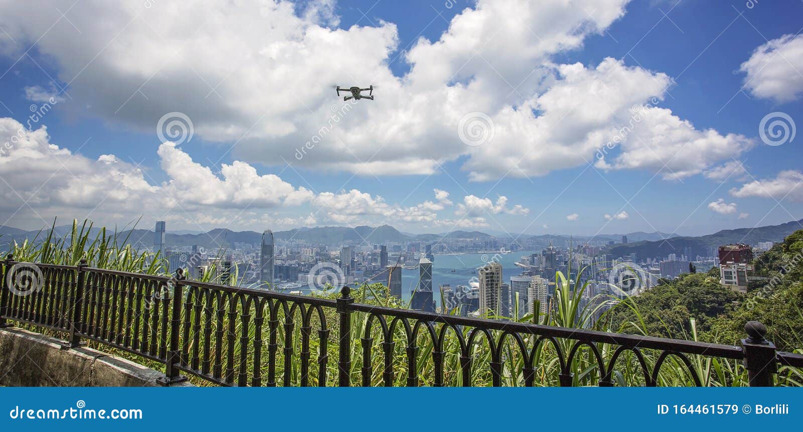 drone flying above hong kong