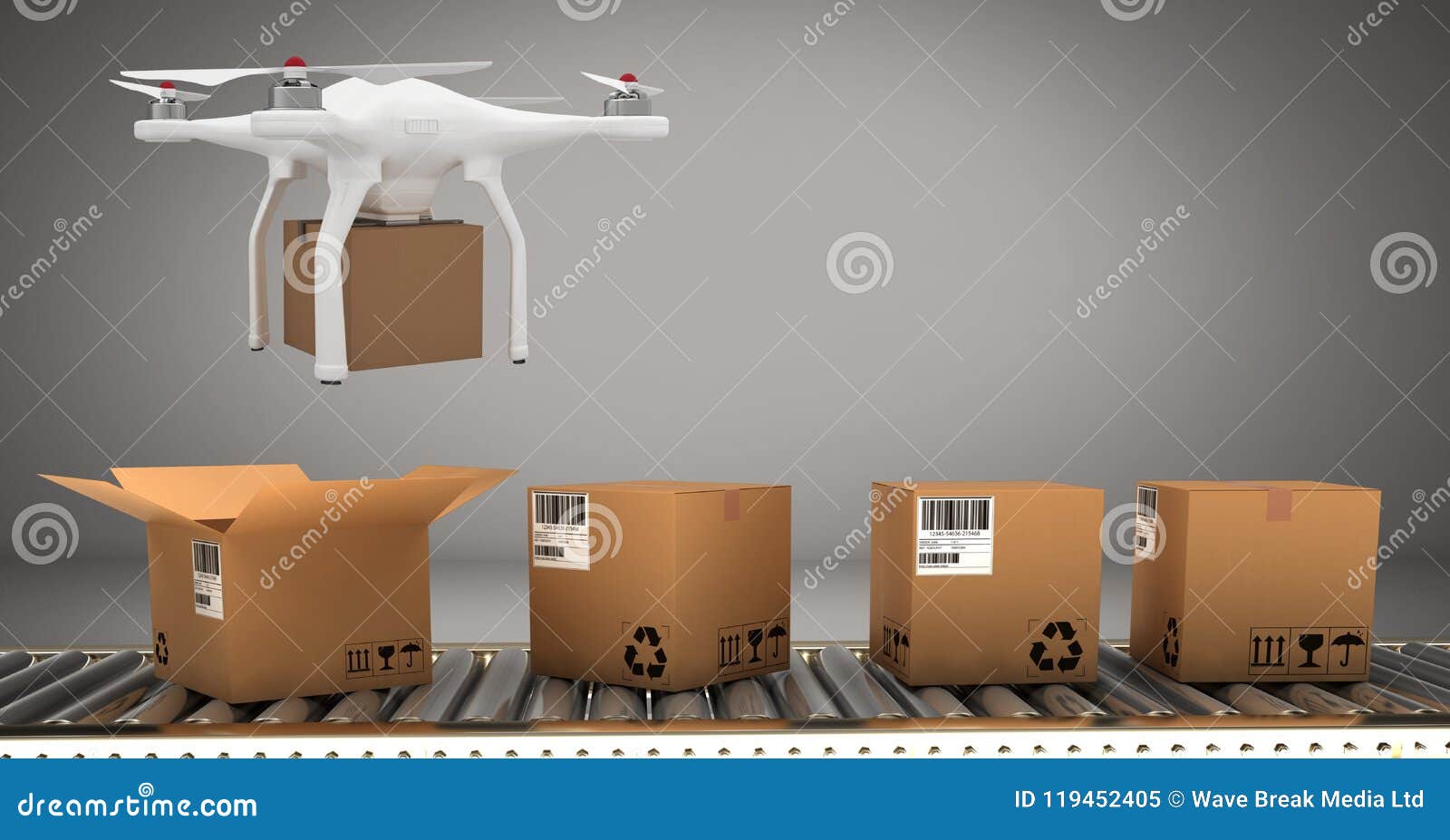 Drone Flying by Conveyor Belt with Delivery Parcel Boxes Stock