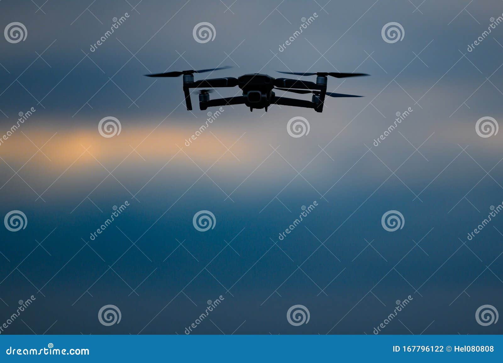 Drone Flying on Dark Evening or Night Sky Stock Photo Image of