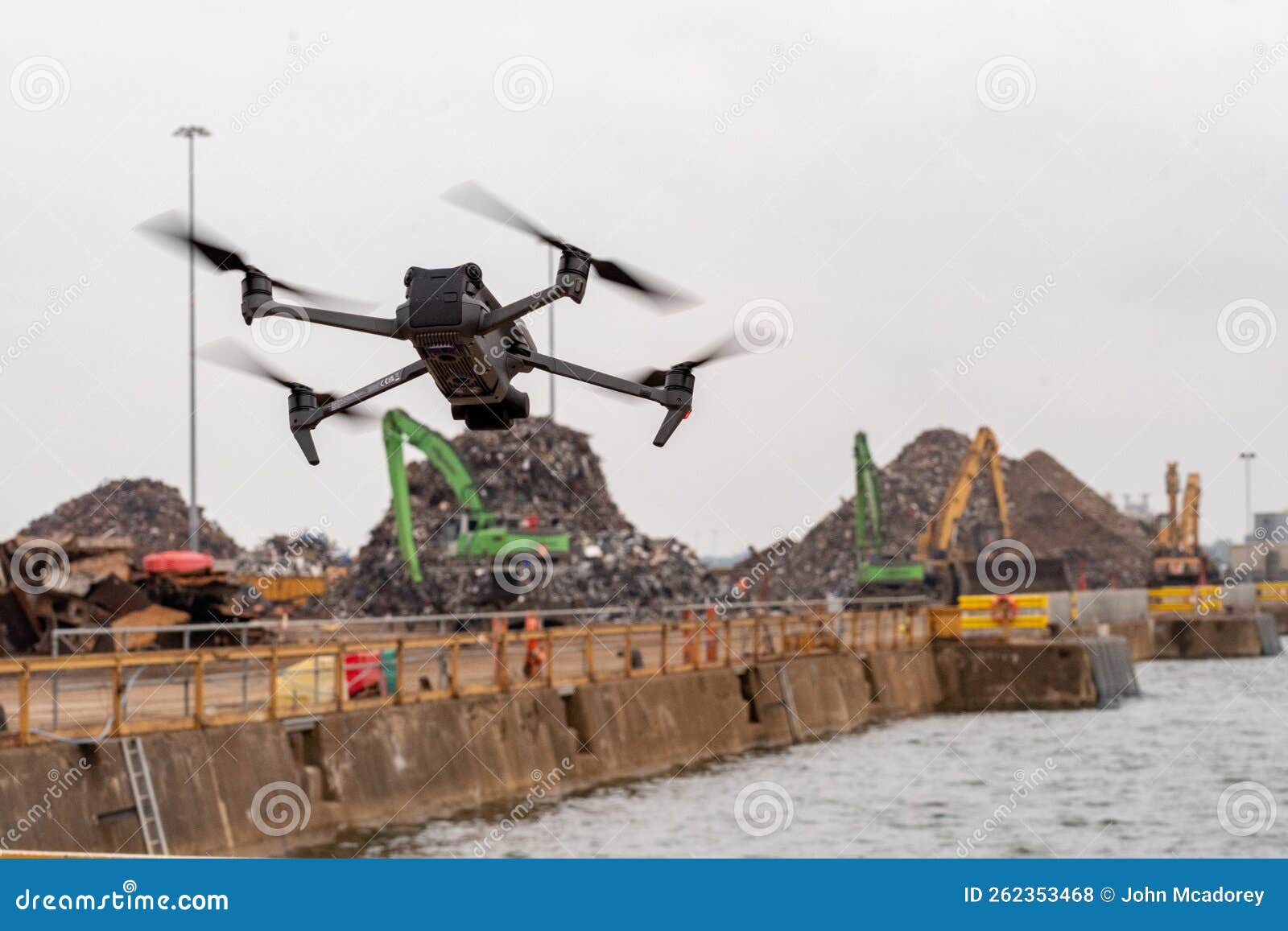 drone flying near recycling, garbage and scrap metal in the port
