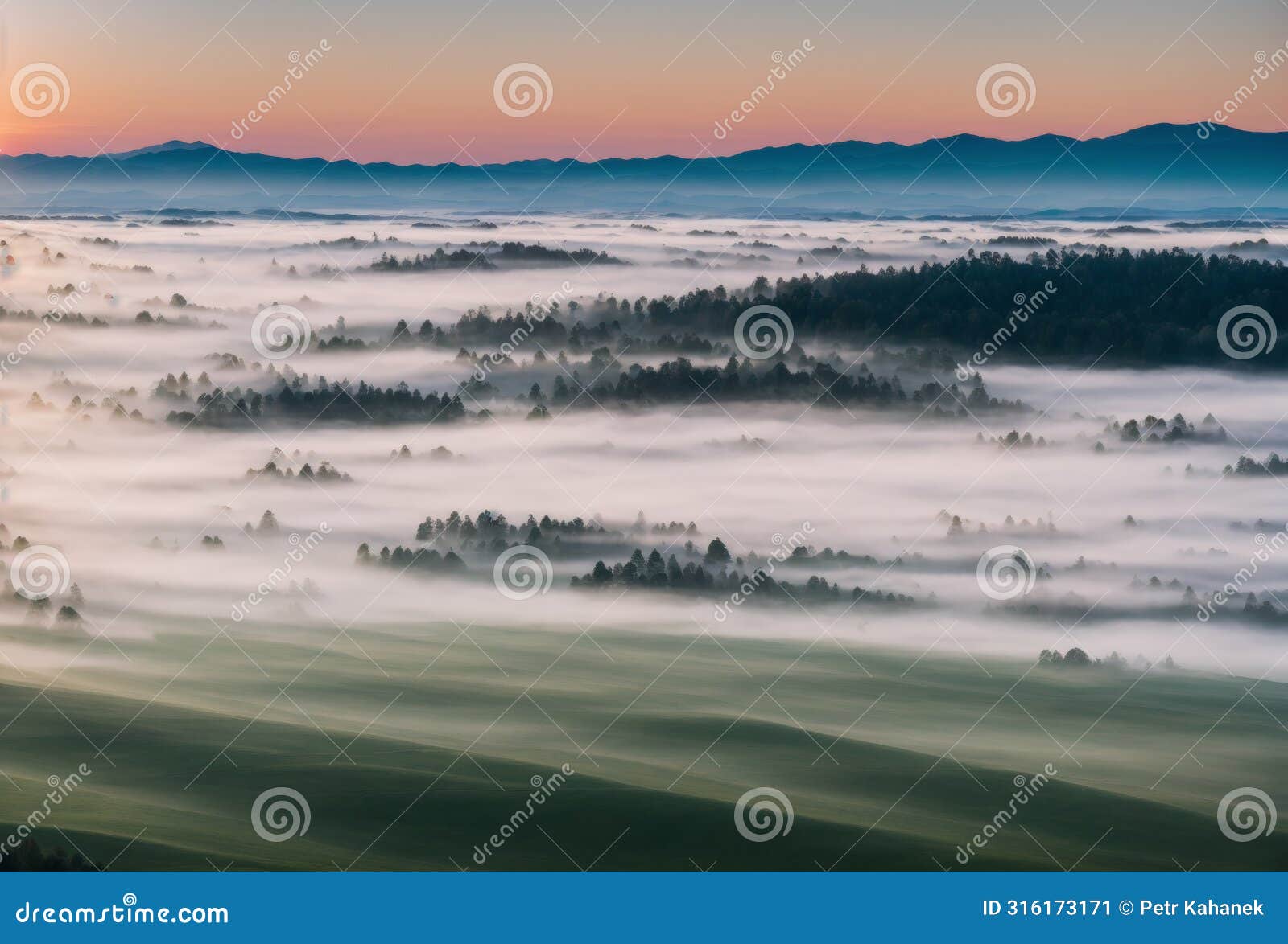 drone perspective of a fog-filled valley at sunrise, highlighting soft contrasts and gentle hues. ai generated.