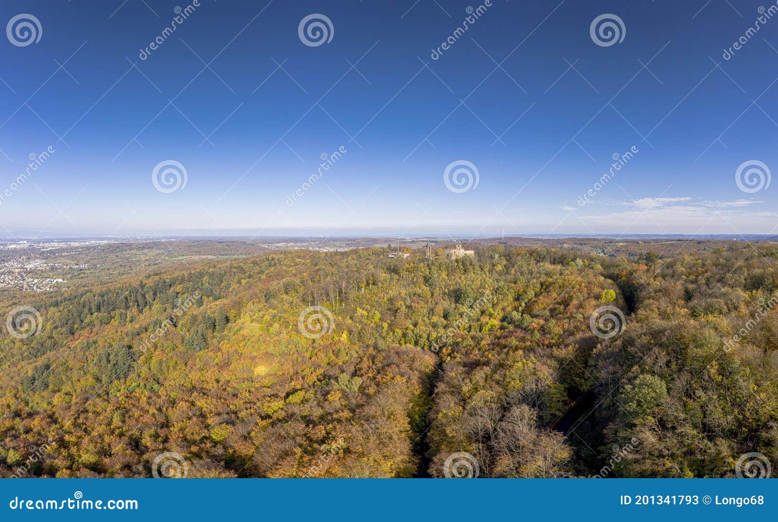 drone photo of frankenstein castle near darmstadt in germany with a view over the rhine-main area in autumn