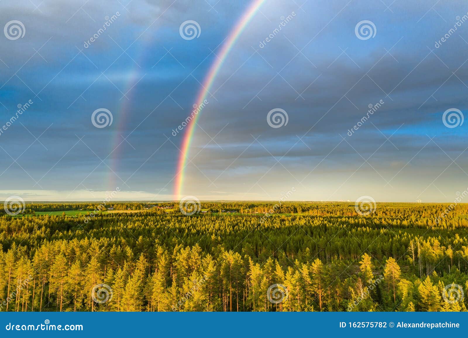 drone photo, rainbow over summer pine tree forest, very clear skies and clean rainbow colors. scandinavian nature are illuminated