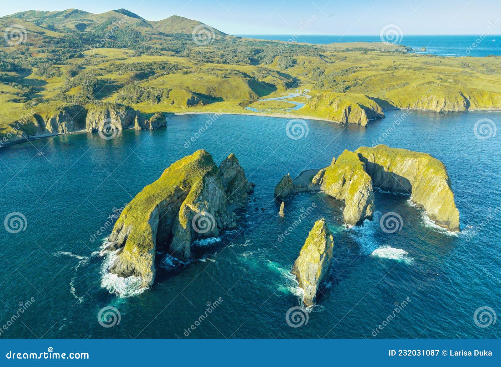 drone point of view of an unnamed bay on island of shikotan, kuril islands
