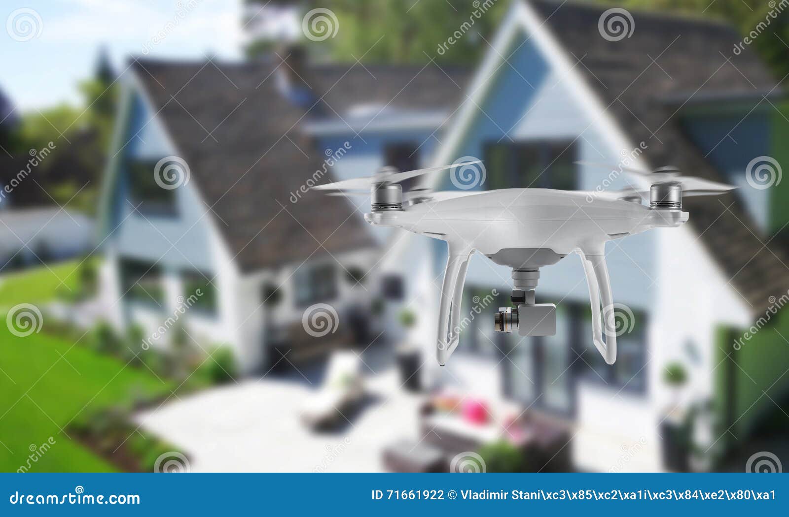drone quad copter with camera spying on the house and yard
