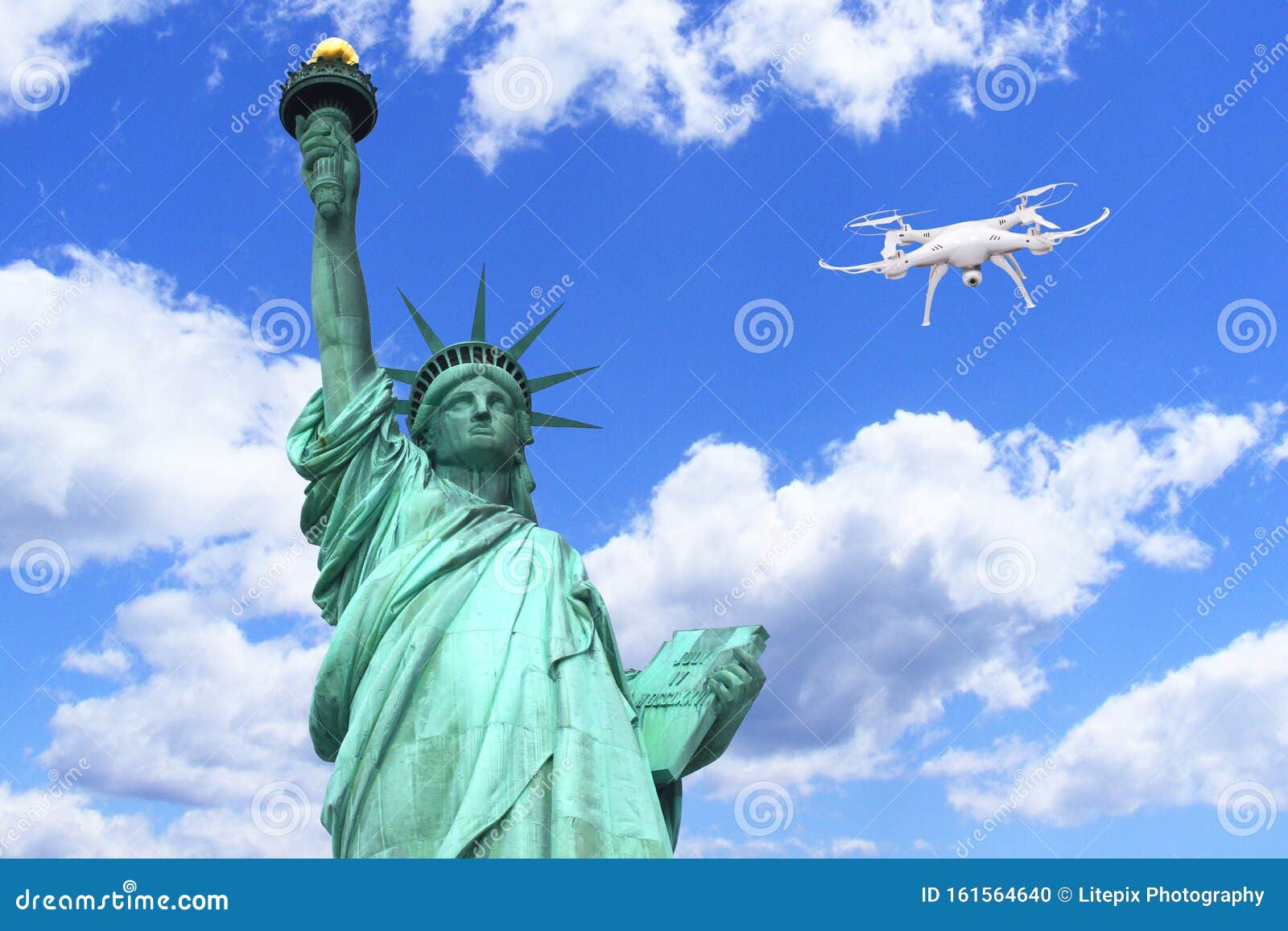 Drone Quadrocopter Flying To the Statue of Liberty in New USA. Freedom and Surveillance Concept Stock Photo - of famous, drone: 161564640