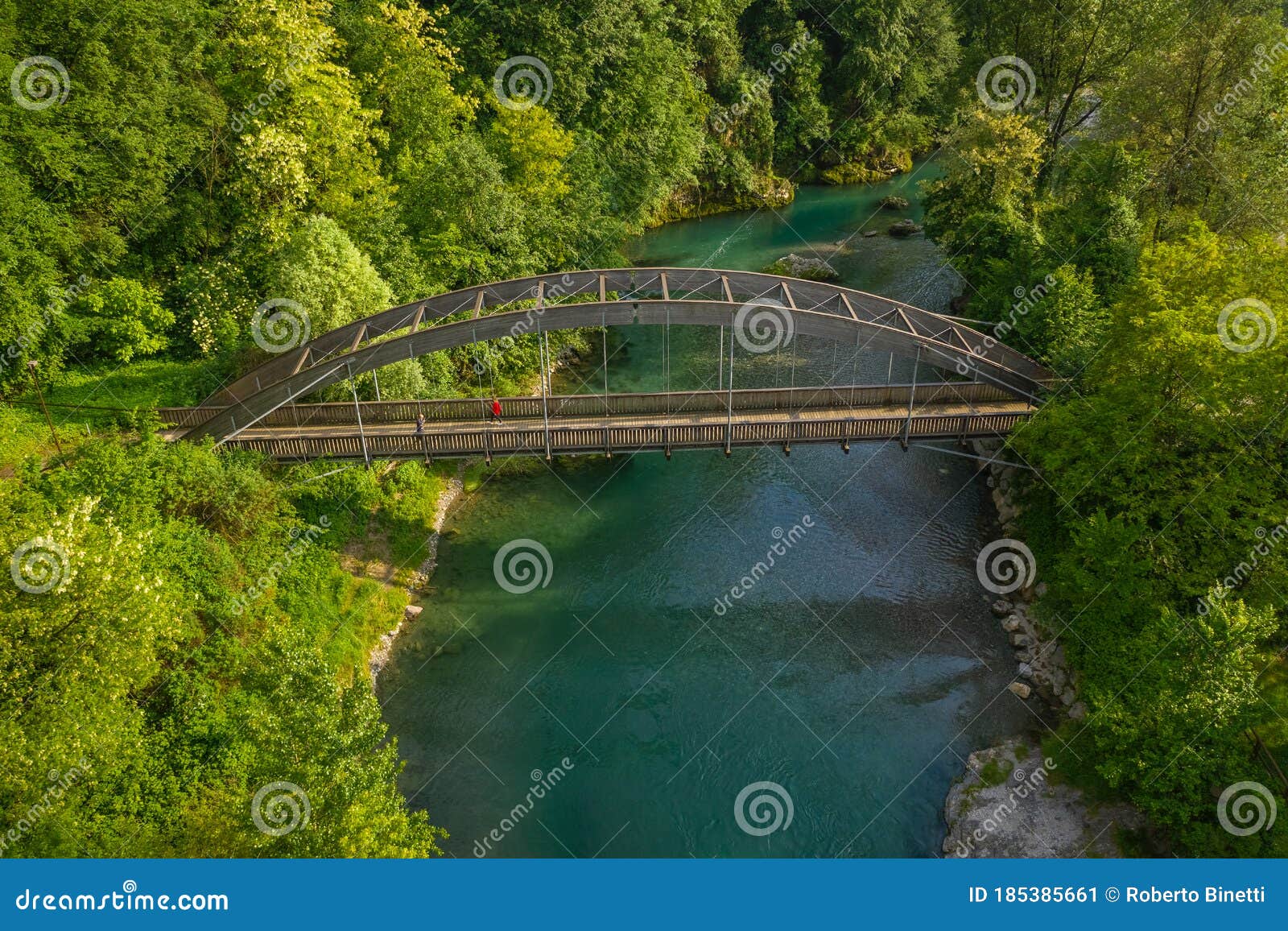 drone shot of the serio river and old bridge