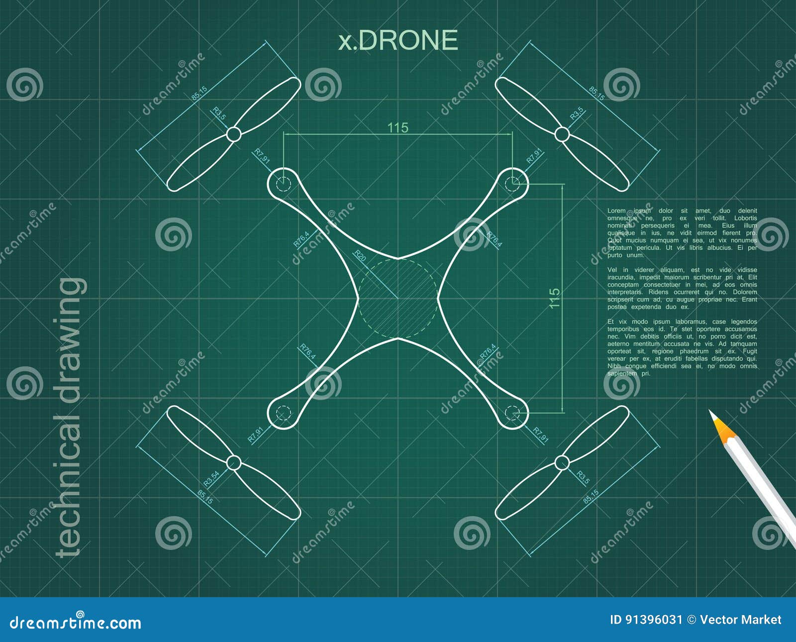 Drone Technical Design. Green Paper Drawing Top Drone Vector Stock