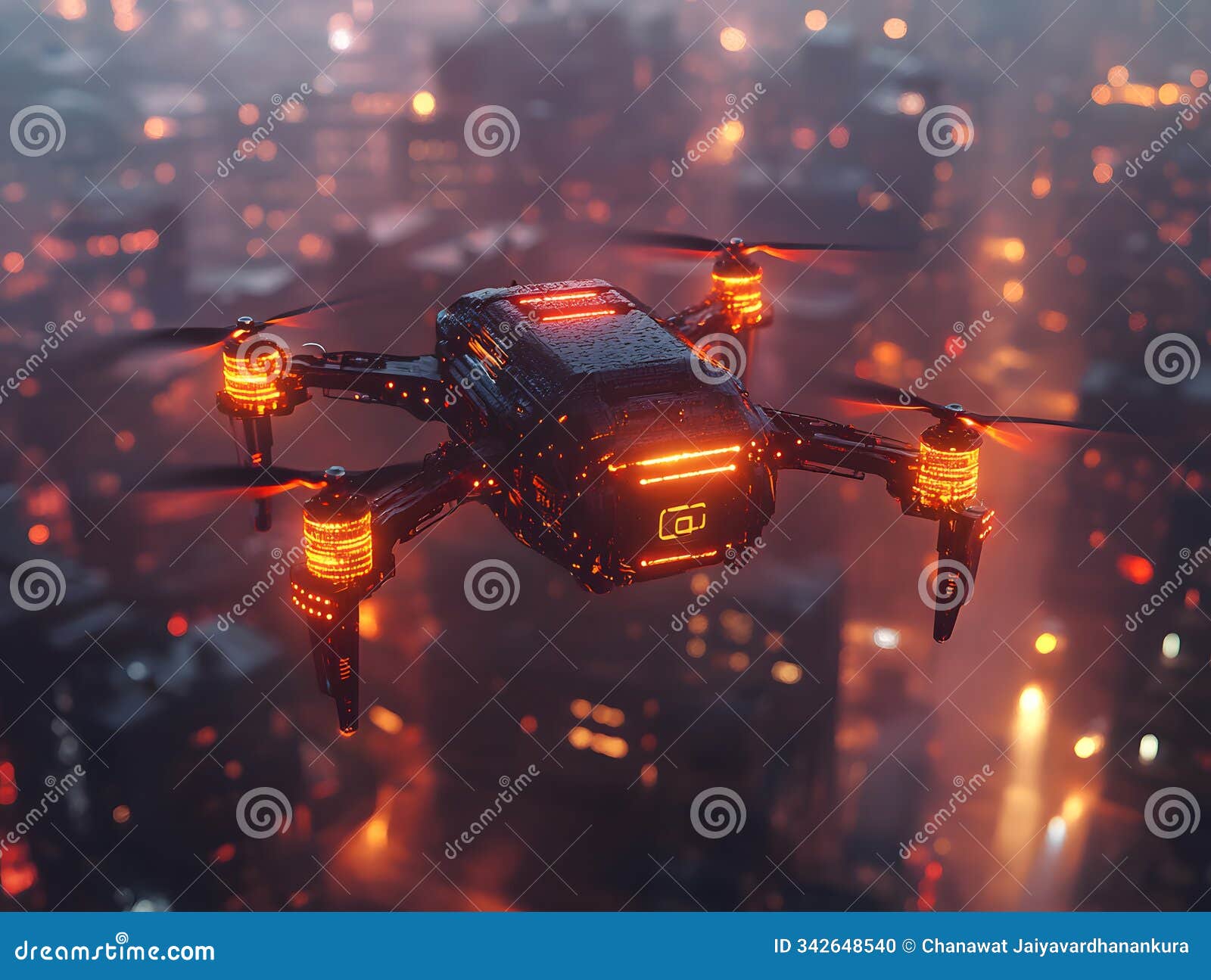 a drone or unmanned aerial vehicle hovers above a busy metropolis in the future, perfect for advertisements, films, business