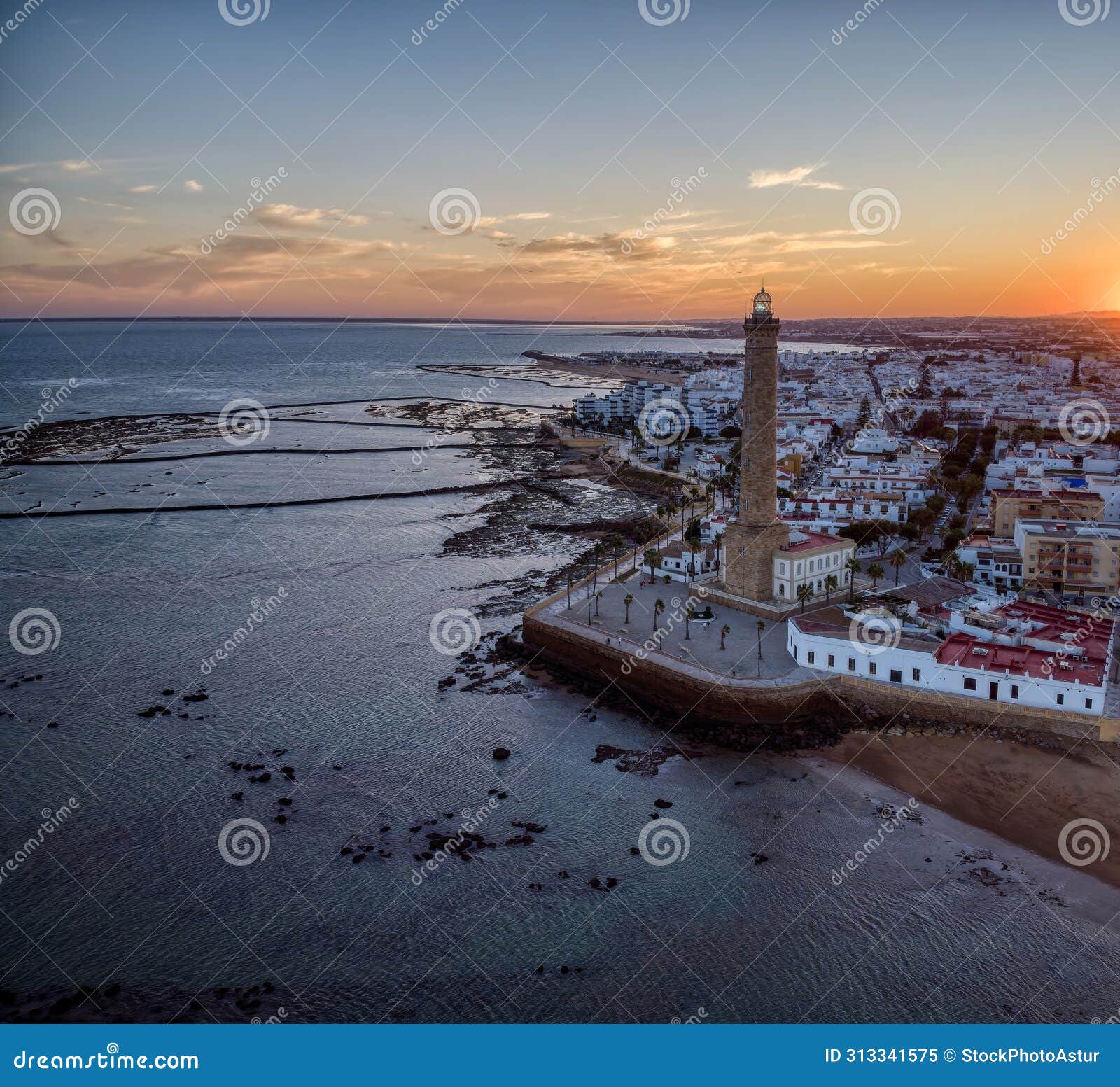 drone view of the chipiona lighthouse at dawn in the province of cadiz