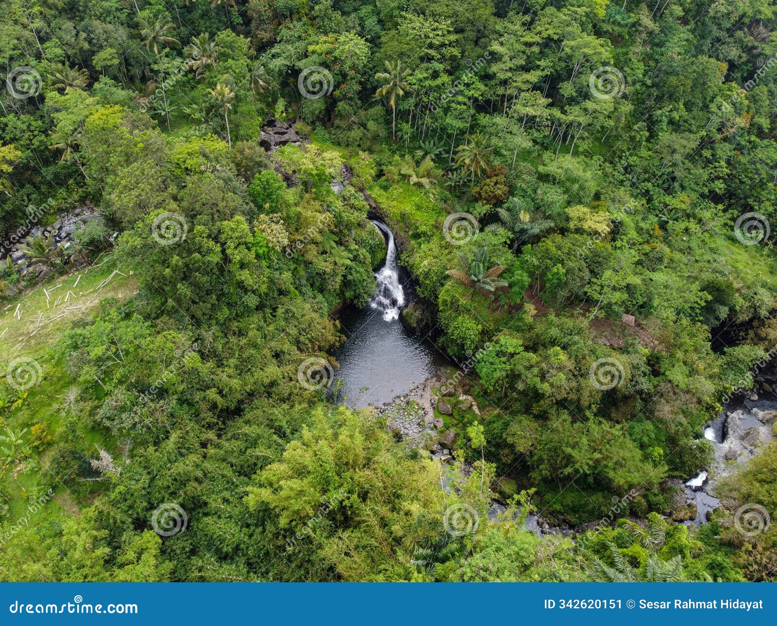 the drone view of gede waterfall in banyumas regency