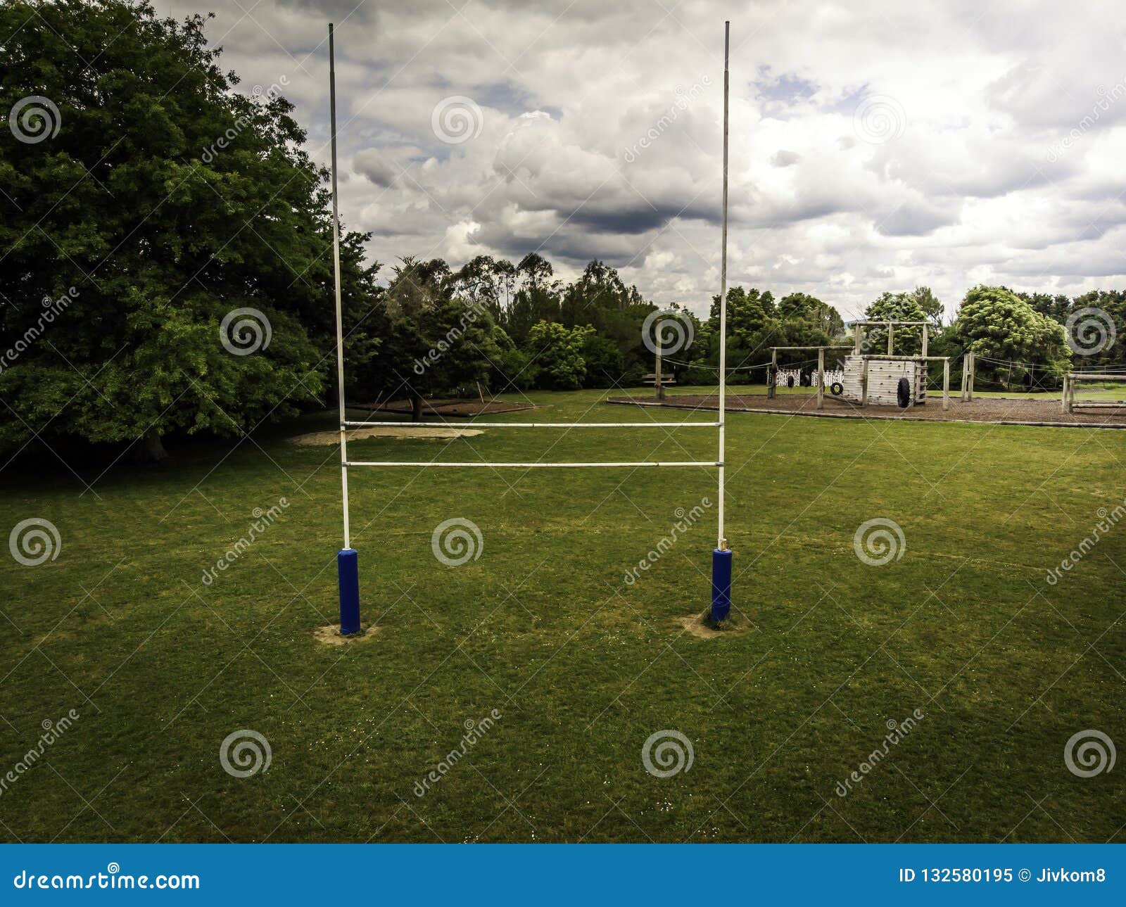 Drone View of Goal Posts in a Rural School Rugby Field Stock Image