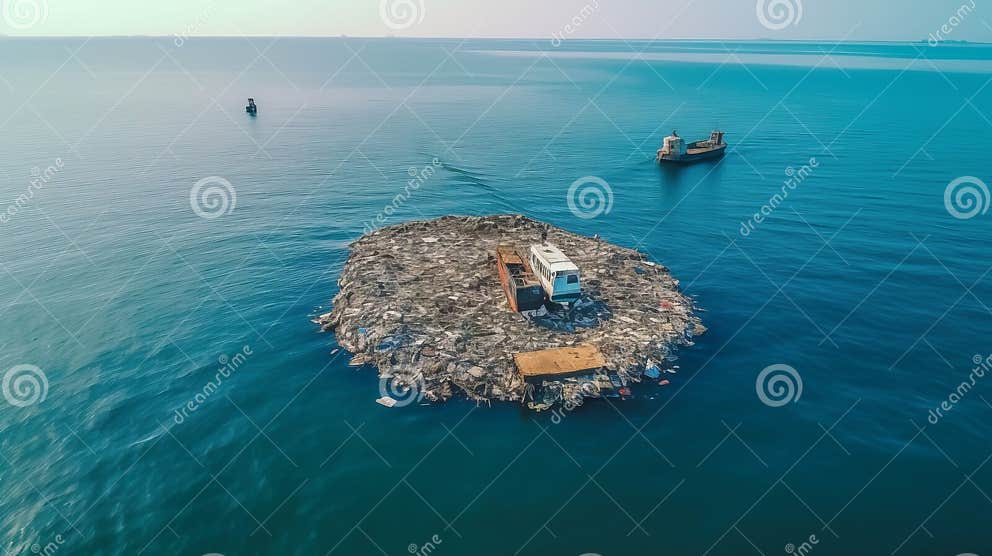 Drone View of Plastic Island or Great Ocean Garbage Patch or Garbage