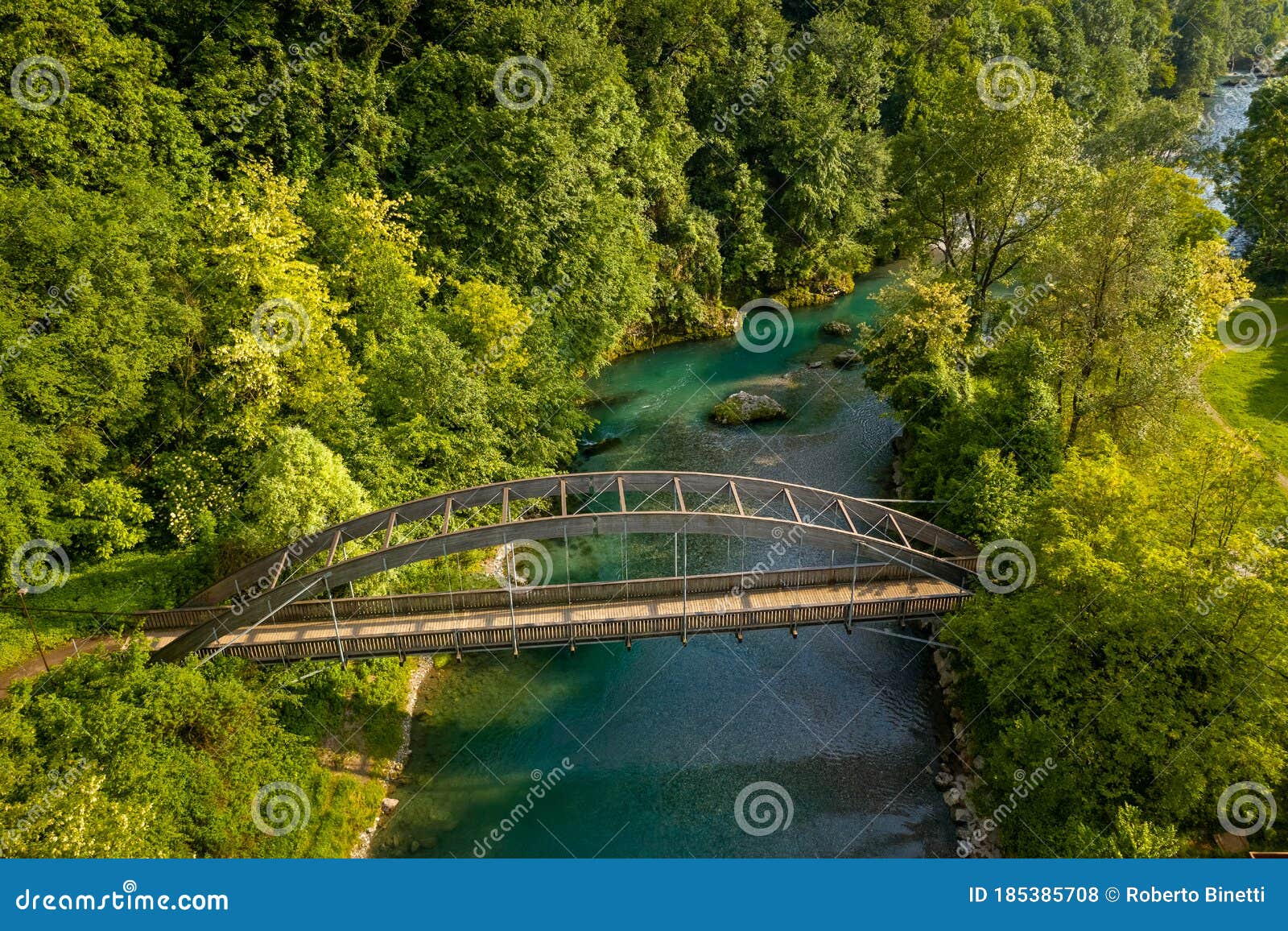 drone view of the serio river and old bridge