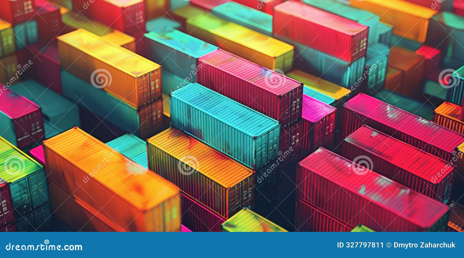 drone view of a shipping container storage yard with containers stacked in vibrant colors, creating a geometric pattern.