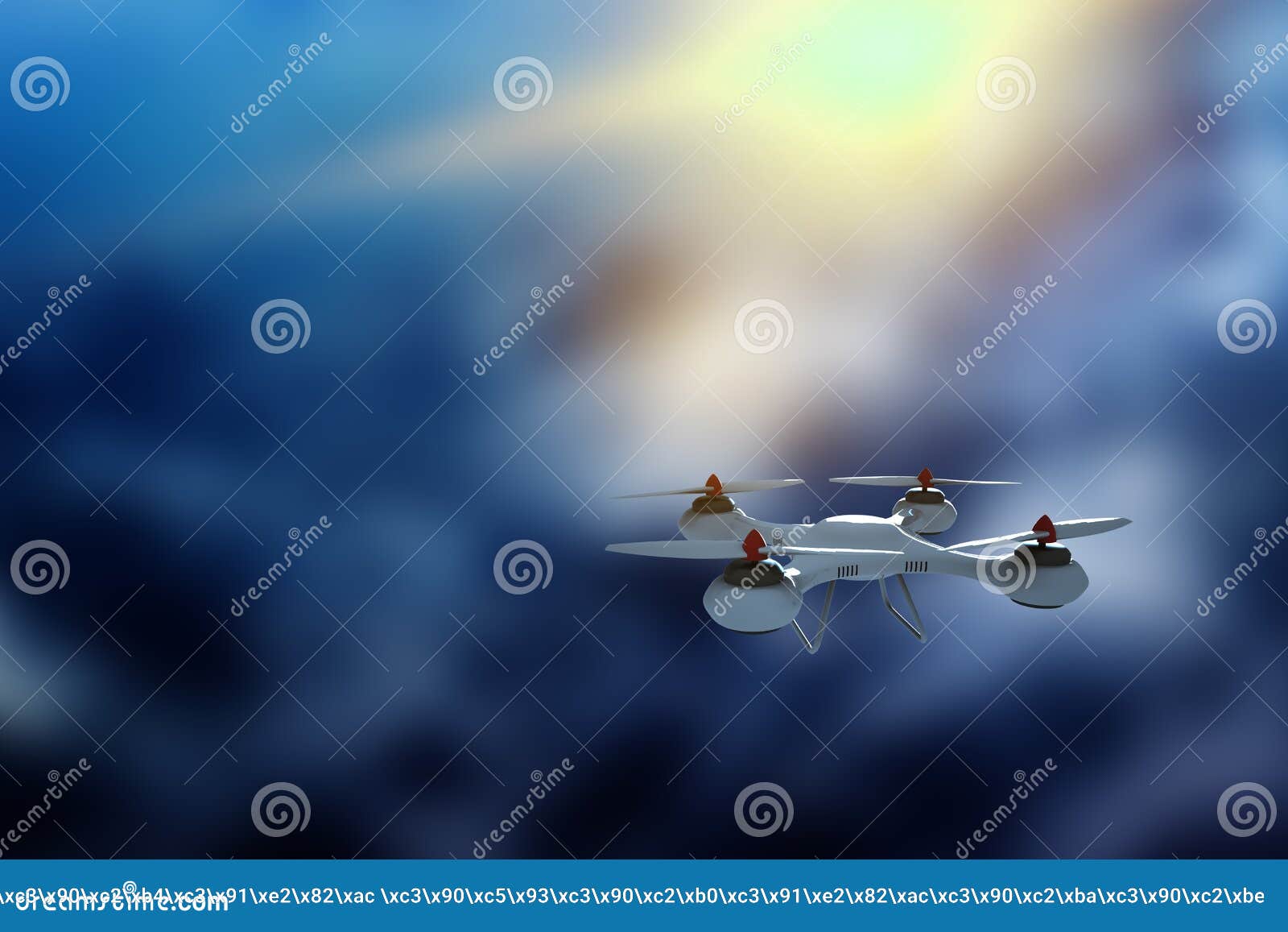 drone, white quadrocopter against the sky with copy space. the concept of technology, robotization, computerization. 3d render,