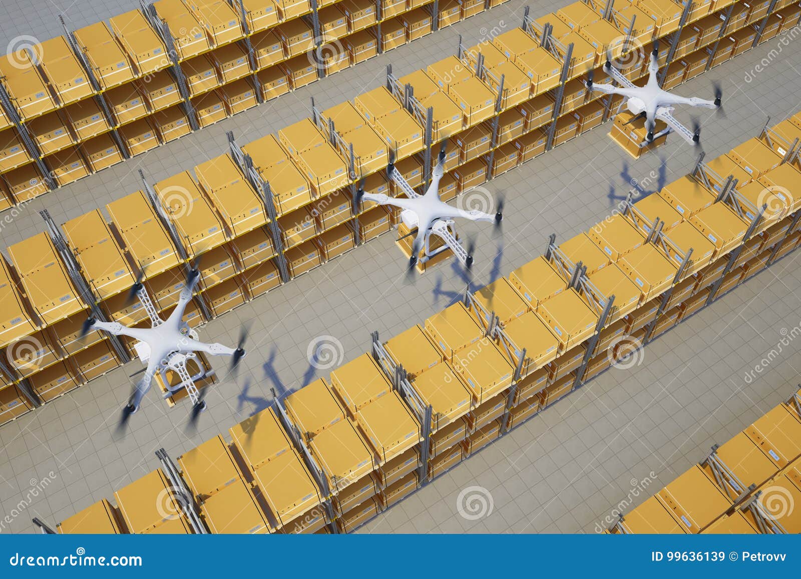 Drones with Boxes Fly Above the Warehouse Stock Illustration