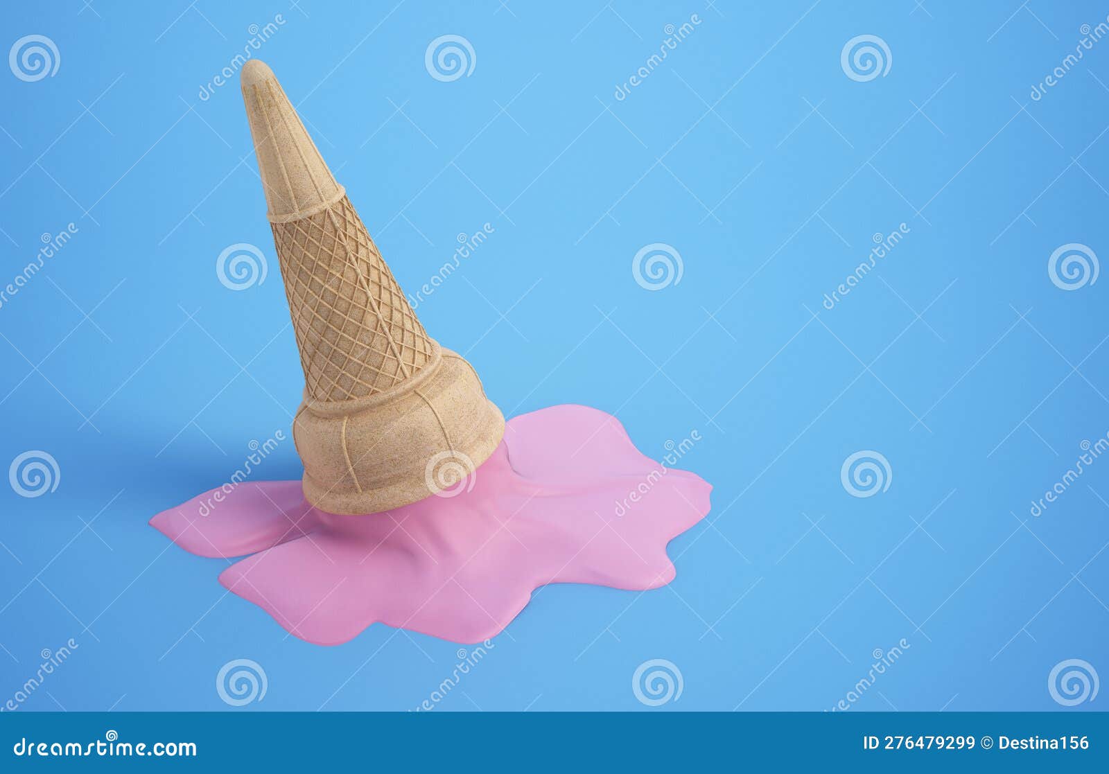Dropped Ice Cream. Pink Melted Ice Cream on Blue Surface Stock