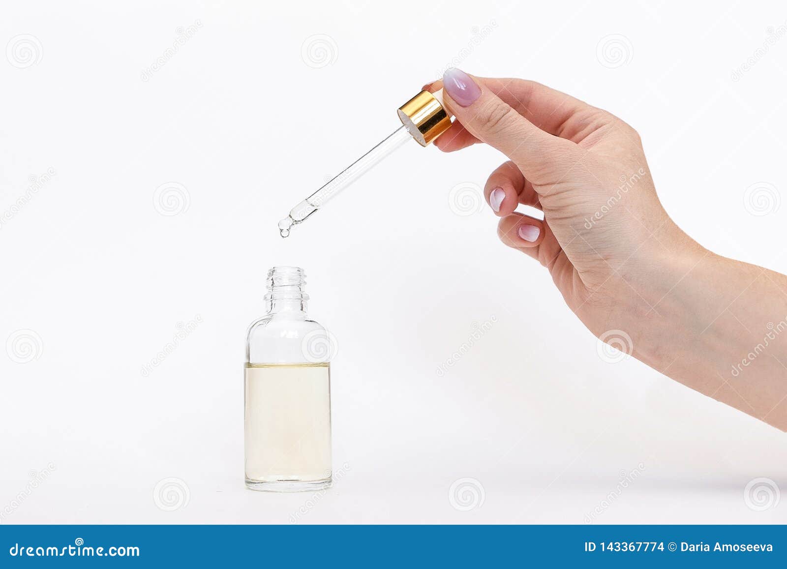 Dropper Glass Bottle Mock-Up. Oily Drop Falls From Cosmetic Pipette On White Background Stock ...