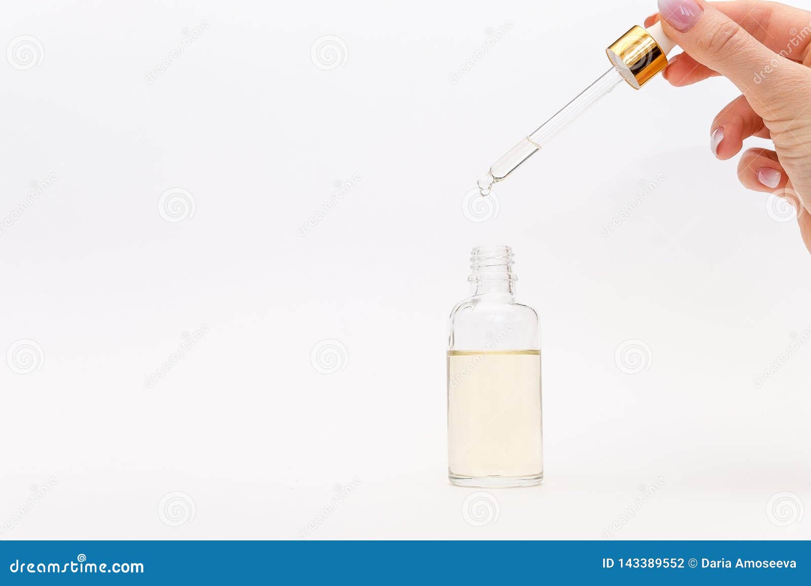 Download Dropper Glass Bottle Mock-Up. Oily Drop Falls From Cosmetic Pipette On White Background Stock ...