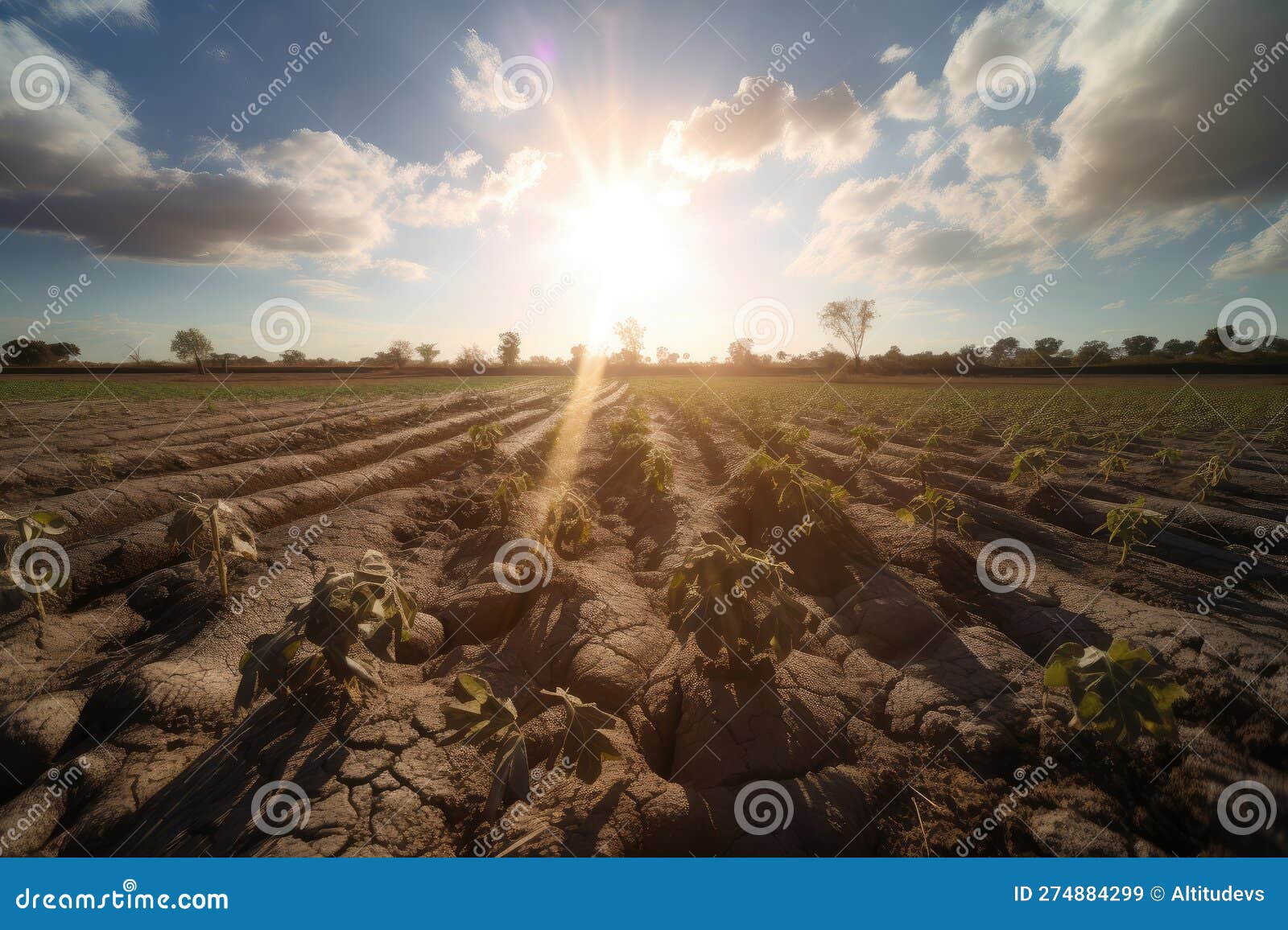 A Droughtstricken Field of Crops, with the Sun Shining Overhead Stock