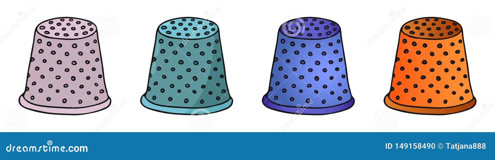 Set of Four Hand Drawn Doodle Sewing Thimbles in Different Color