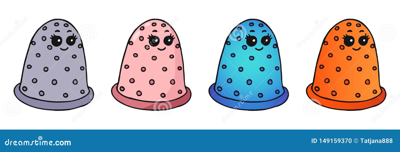 Set of Four Hand Drawn Cute Smiling Kawaii Doodle Sewing Thimbles in