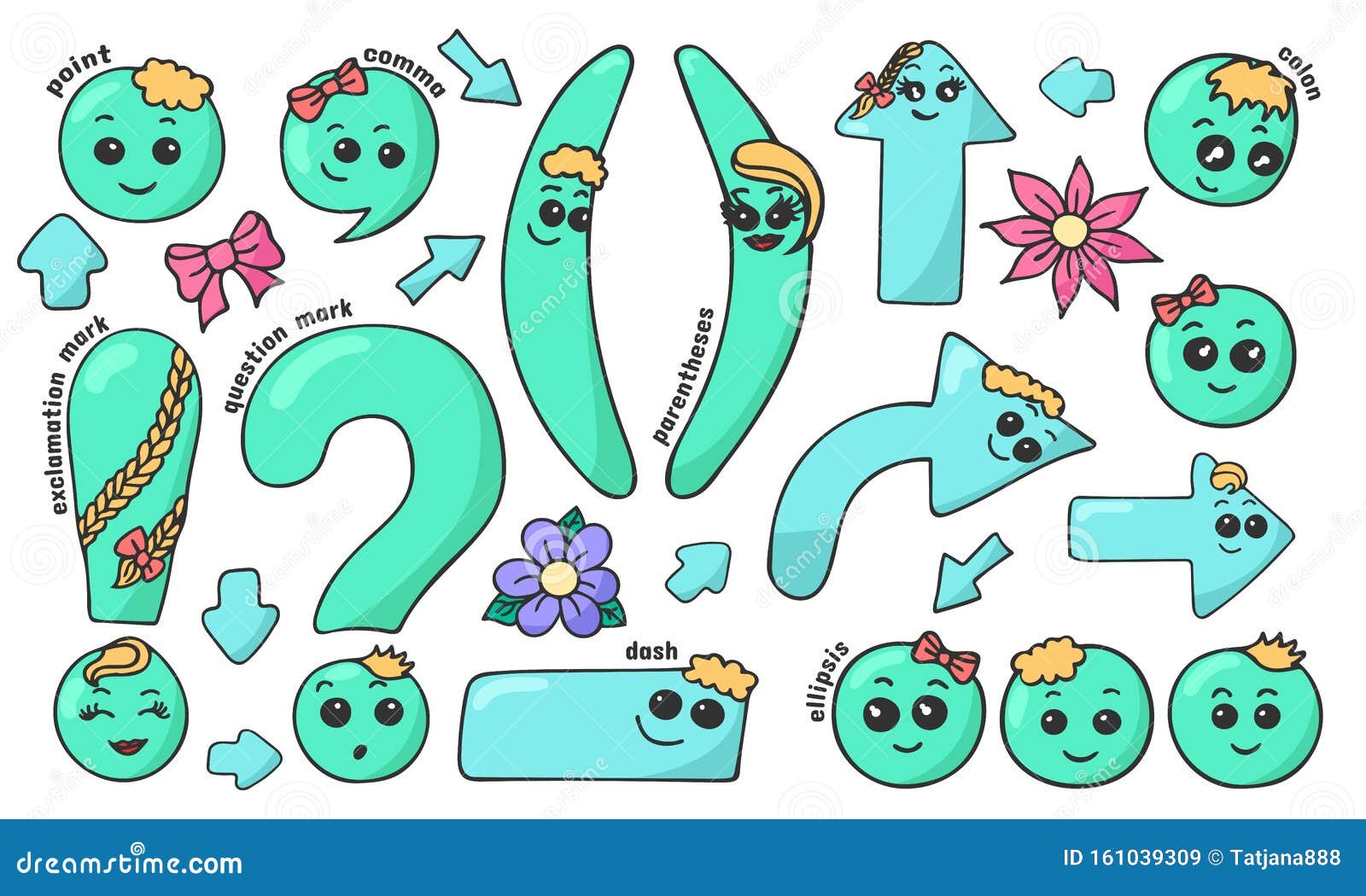 set of hand drawn cute smiling kawaii punctuation marks in doodle style