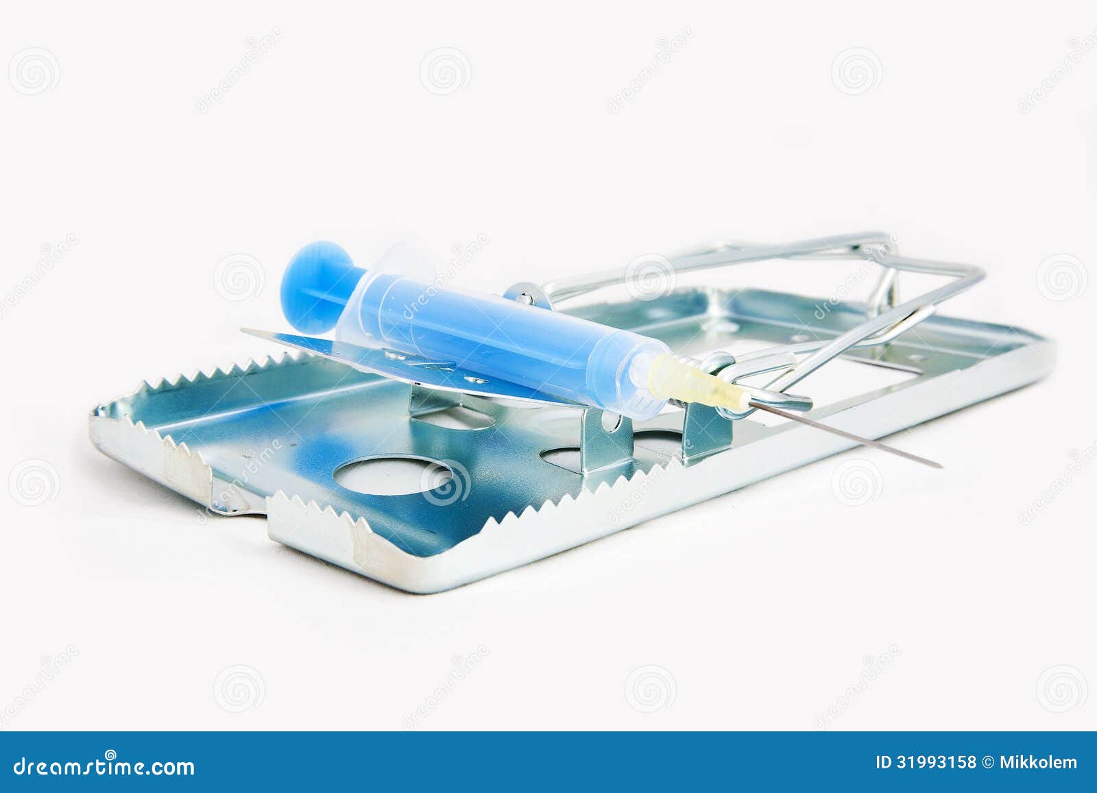 Drug addiction trap. Addiction concept image of risks - mouse trap with blue syringe