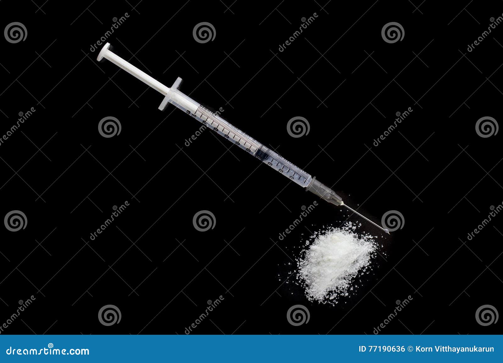 Drug Syringe And Heroin Powder Isolated On Black. Stock ...