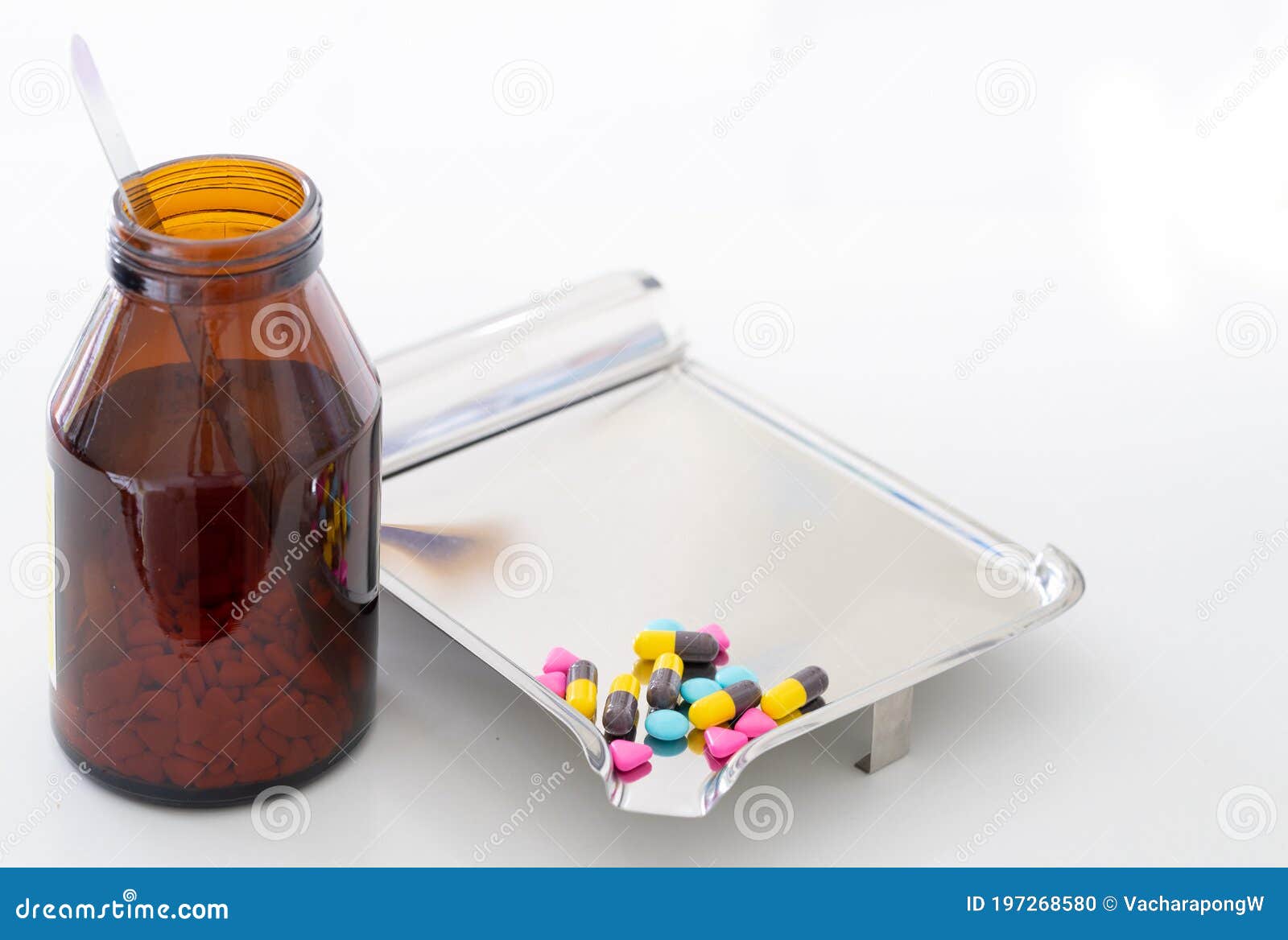 drugs on tray with bottle for sell in drugstore with copy space