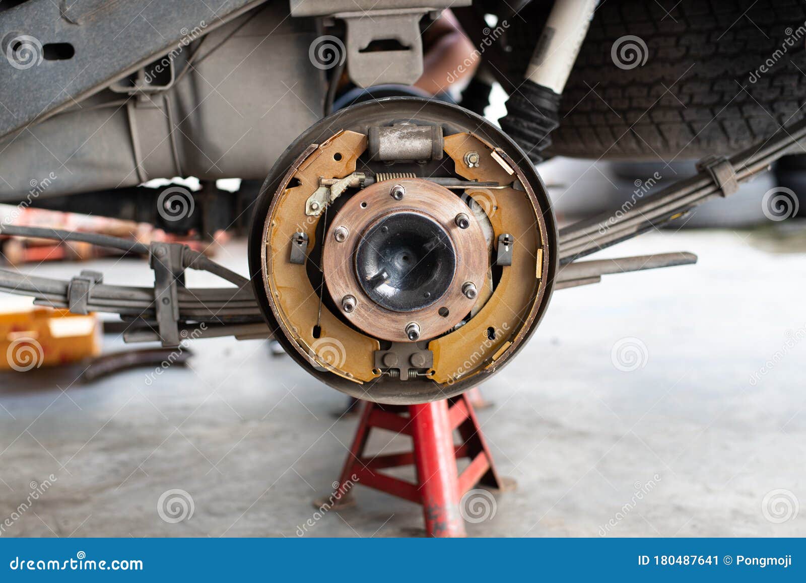 drum-brake-and-asbestos-brake-pads-at-car-garage-stock-image-image-of